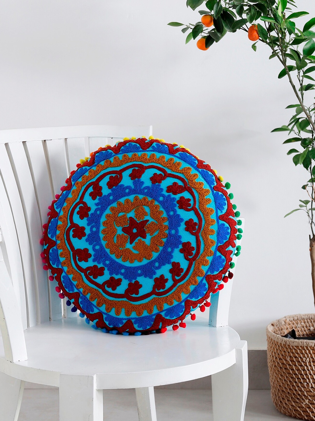 

HANDICRAFT PALACE Turquoise Blue & Red Embroidered Cotton Round Cushion Cover