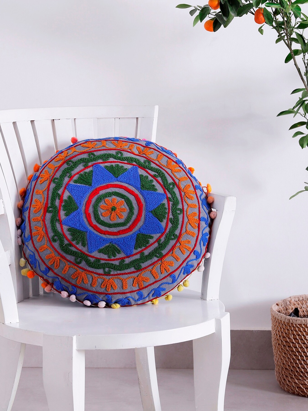 

HANDICRAFT PALACE Grey & Blue Embroidered Cotton Round Cushion Cover