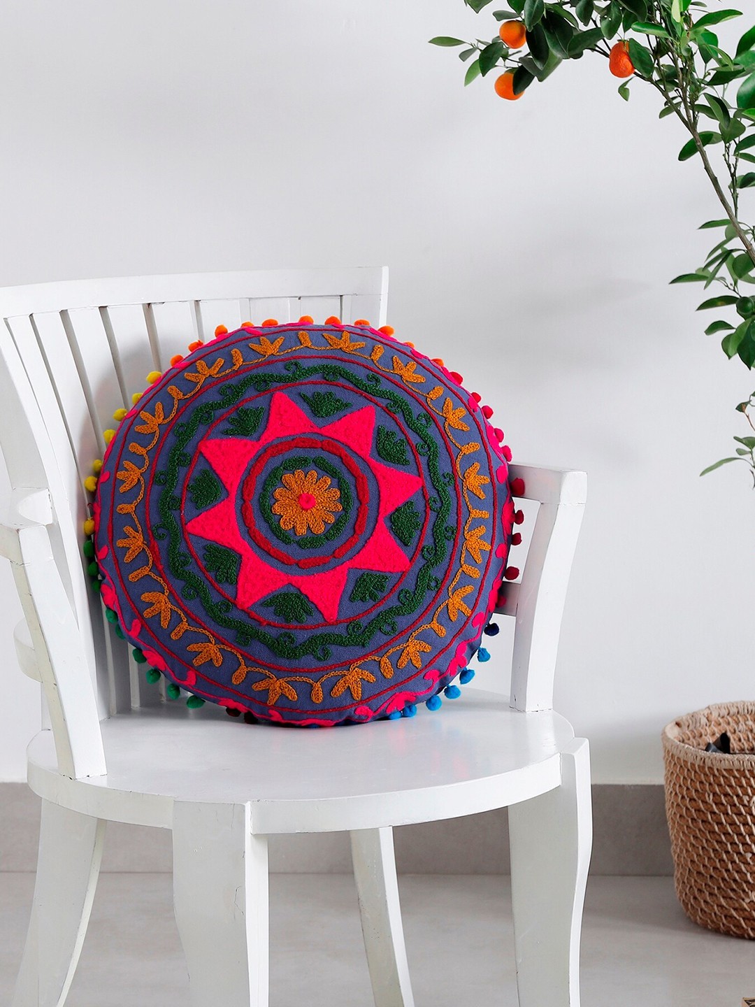 

HANDICRAFT PALACE Blue & Orange Embroidered Cotton Round Cushion Cover