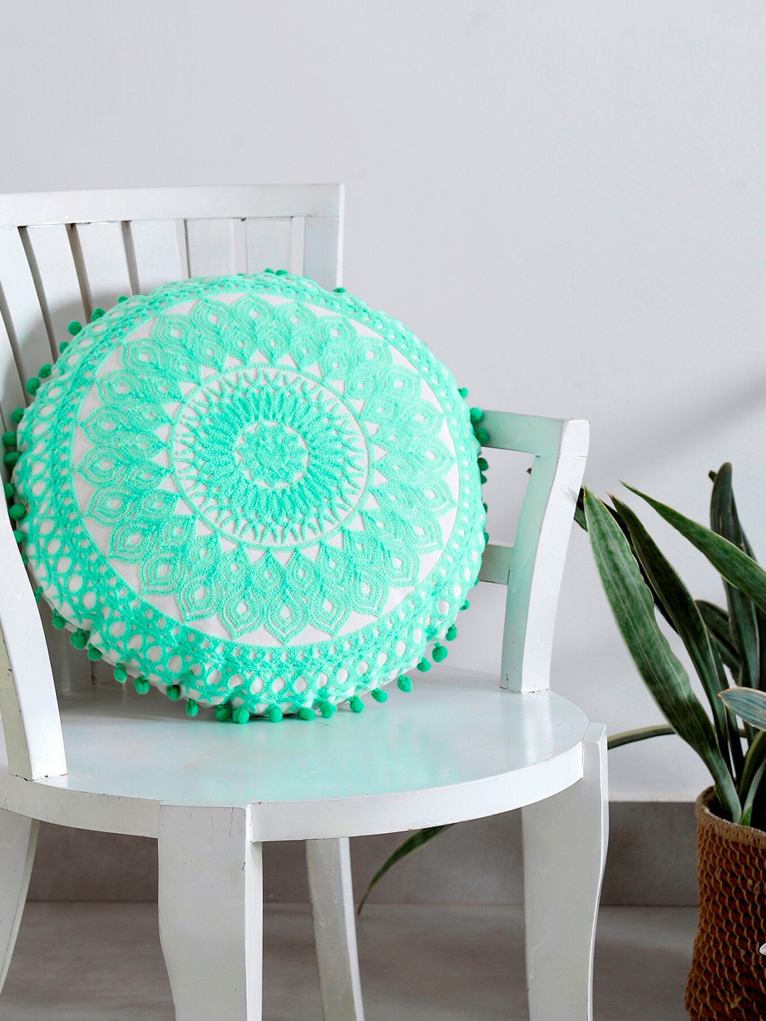 

HANDICRAFT PALACE Green & White Embroidered Cotton Round Cushion Cover