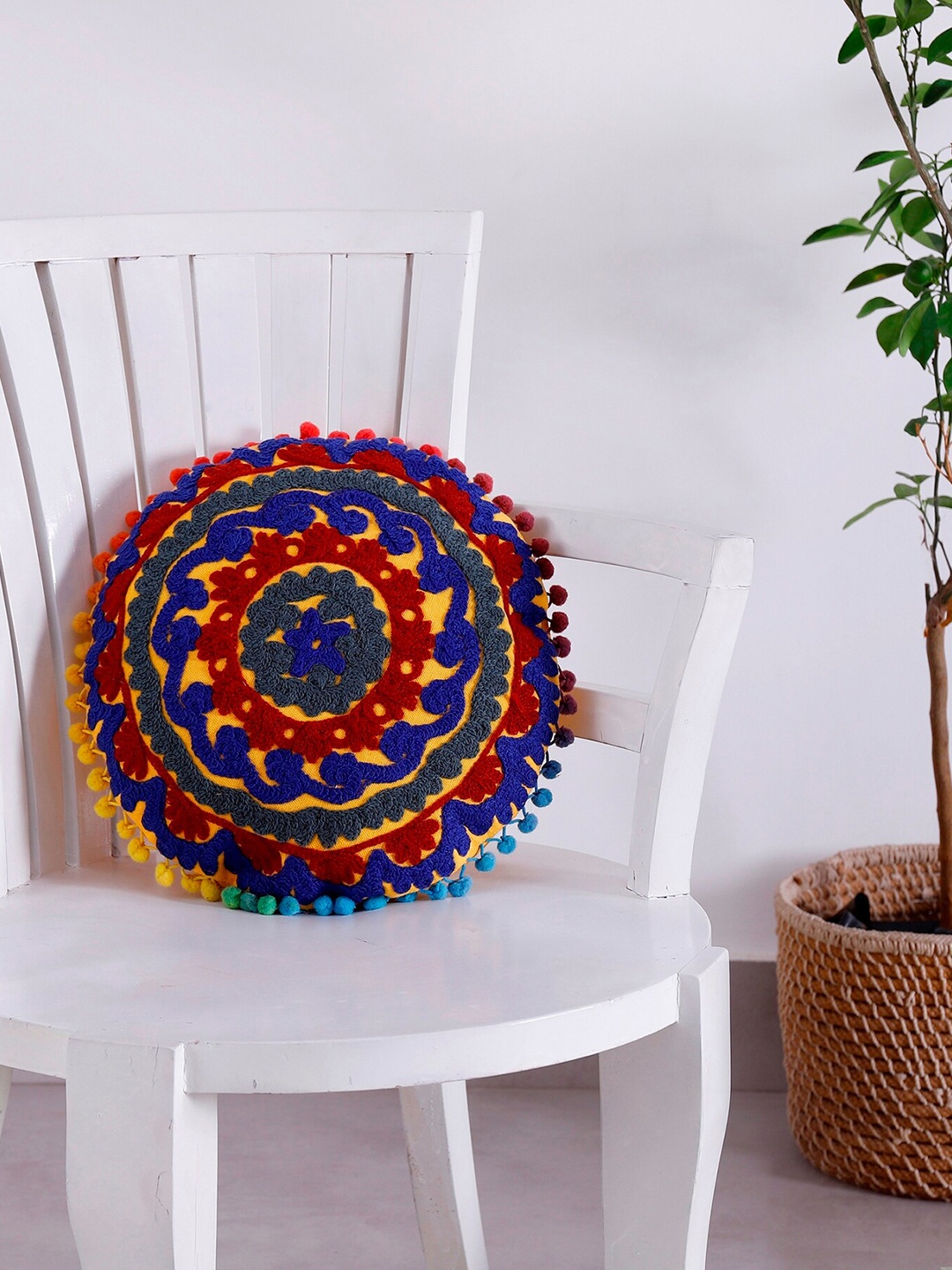 

HANDICRAFT PALACE Yellow & Red Embroidered Cotton Round Cushion Cover