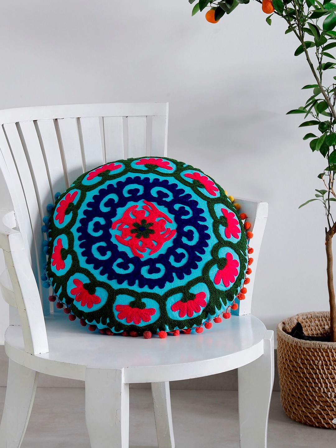

HANDICRAFT PALACE Turquoise Blue & Red Embroidered Cotton Round Cushion Cover