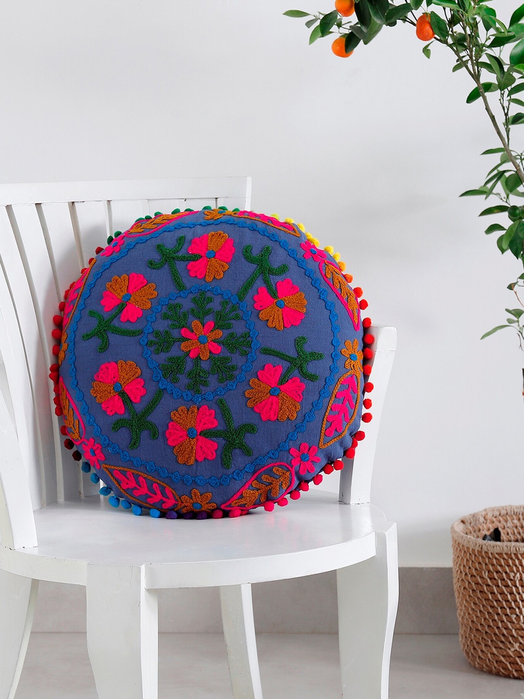 

HANDICRAFT PALACE Blue & Red Embroidered Cotton Round Cushion Cover