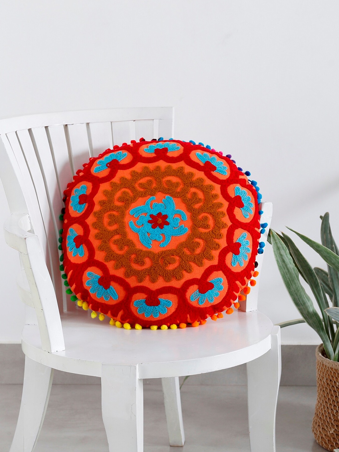 

HANDICRAFT PALACE Orange & Blue Embroidered Pure Cotton Round Cushion Cover