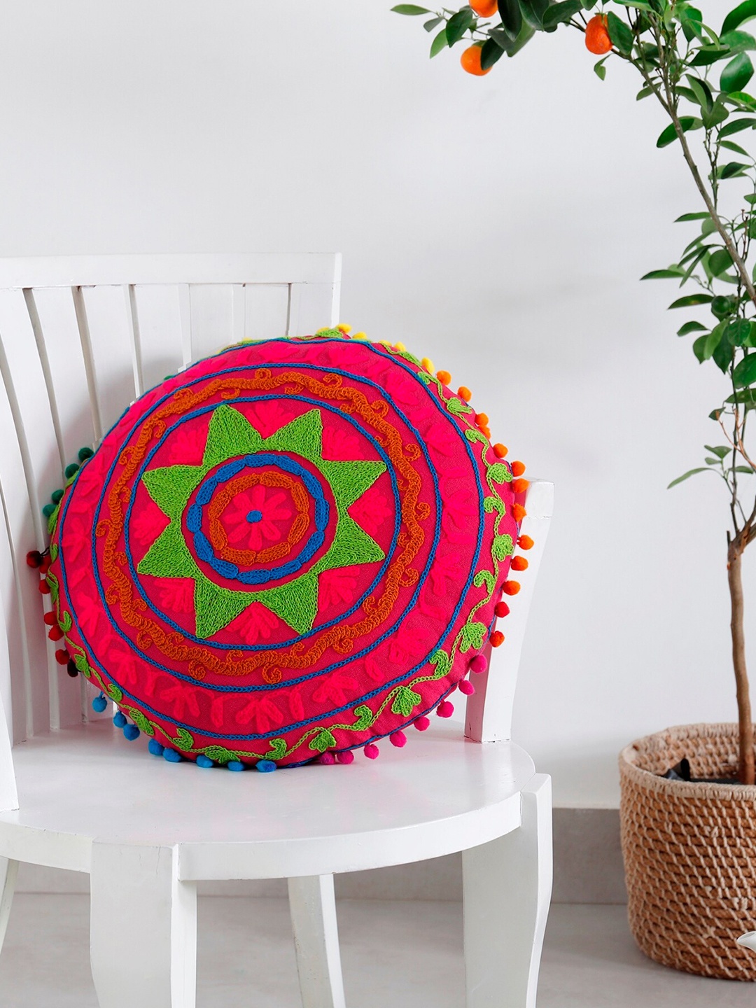 

HANDICRAFT PALACE Fuchsia Pink & Blue Embroidered Pure Cotton Round Cushion Cover