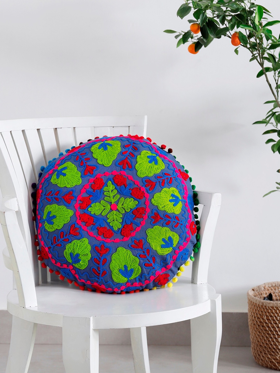 

HANDICRAFT PALACE Blue & Green Embroidered Pure Cotton Round Cushion Cover