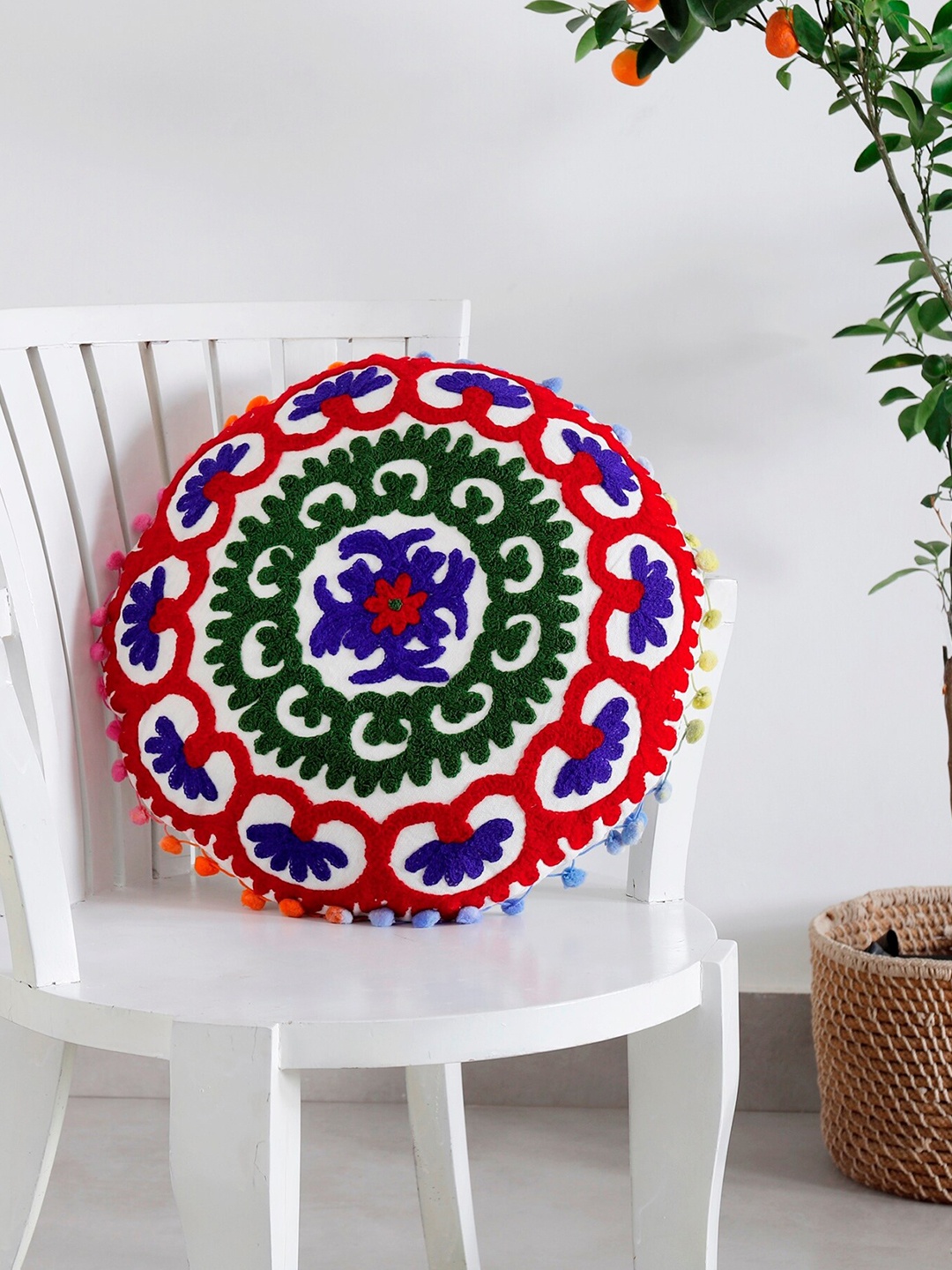 

HANDICRAFT PALACE White & Red Embroidered Pure Cotton Round Cushion Cover