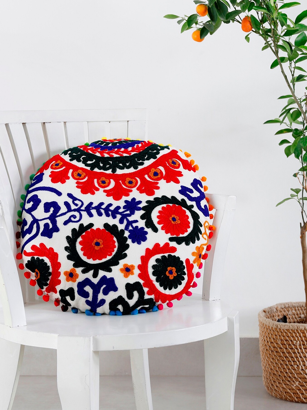 

HANDICRAFT PALACE White & Red Embroidered Pure Cotton Round Cushion Cover
