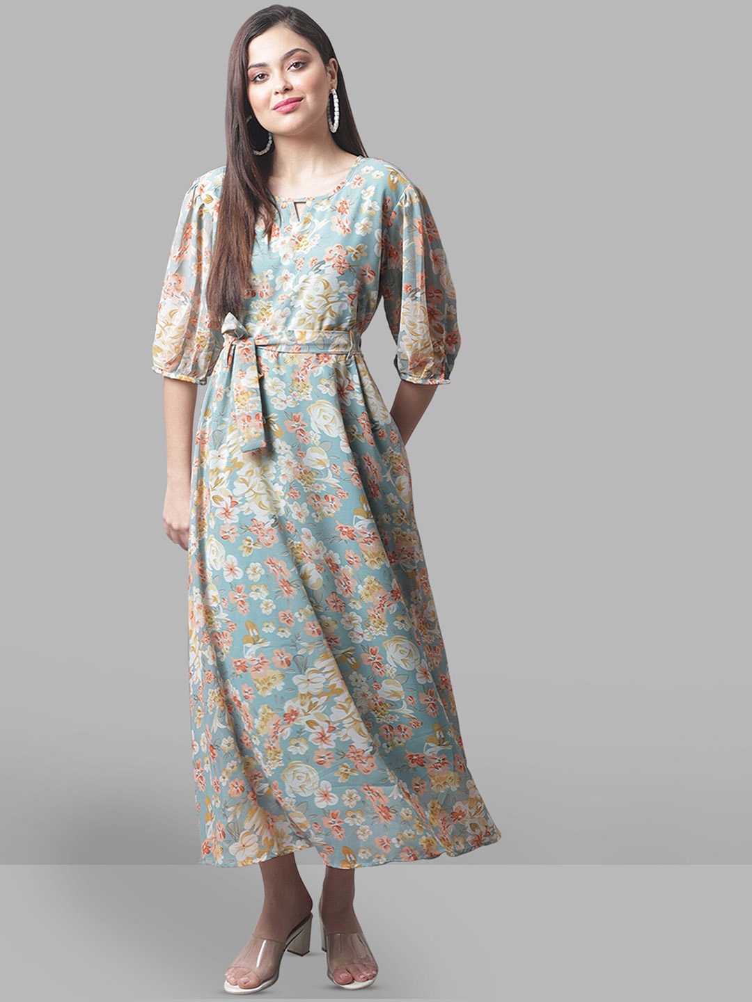 

BAESD Floral Printed Keyhole Neck Puff Sleeves Fit & Flare Maxi Dress With Belt, Blue