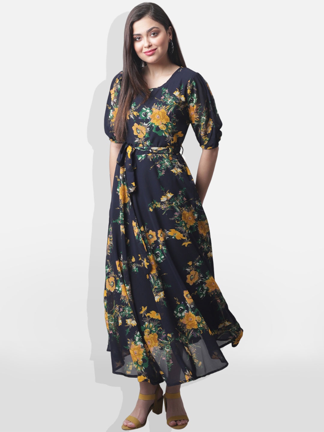 

BAESD Floral Printed Keyhole Neck Puff Sleeves Georgette Fit & Flare Midi Dress With Belt, Navy blue