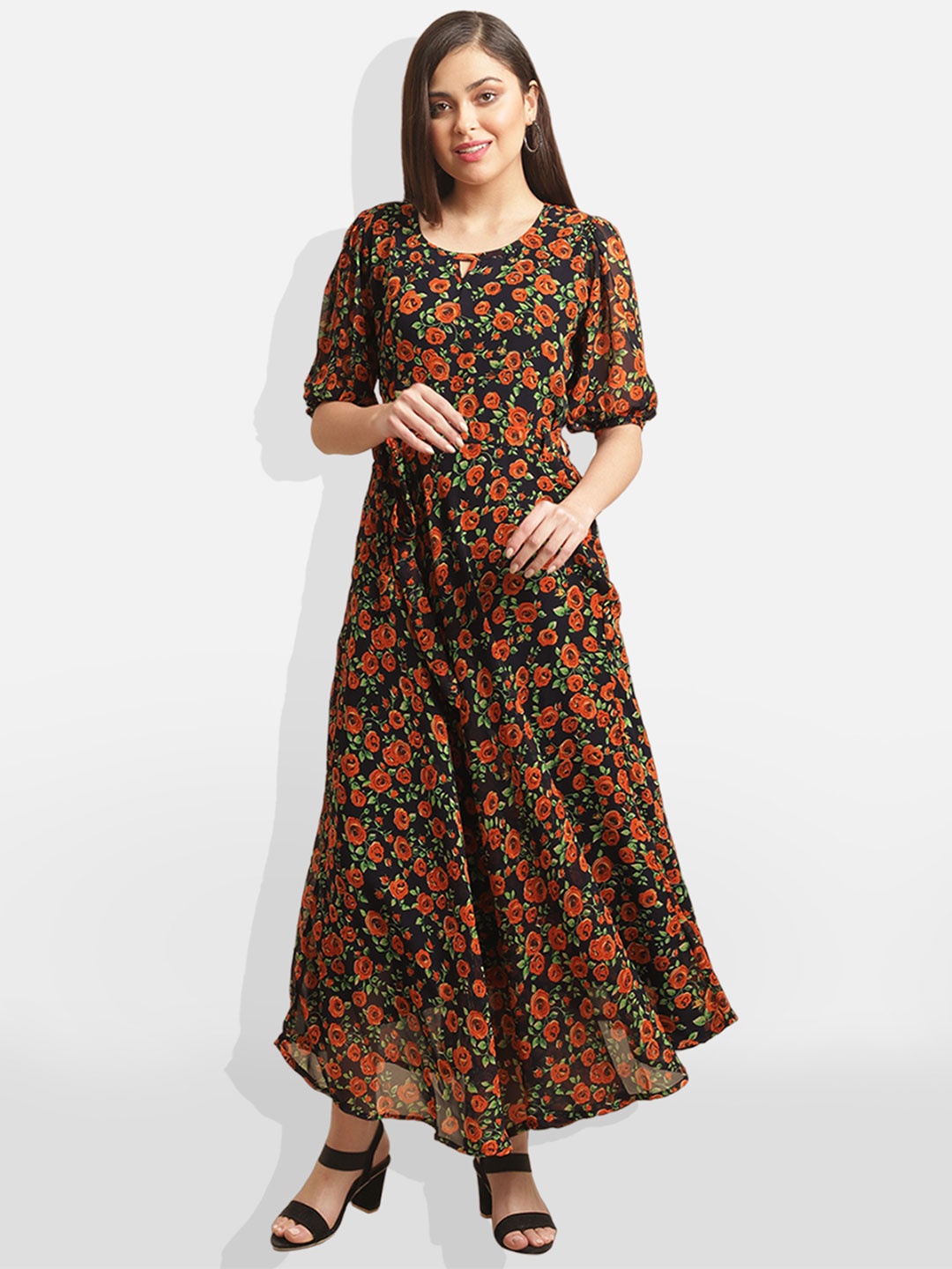 

BAESD Floral Printed Keyhole Neck Puff Sleeves Georgette Fit & Flare Midi Dress With Belt, Black