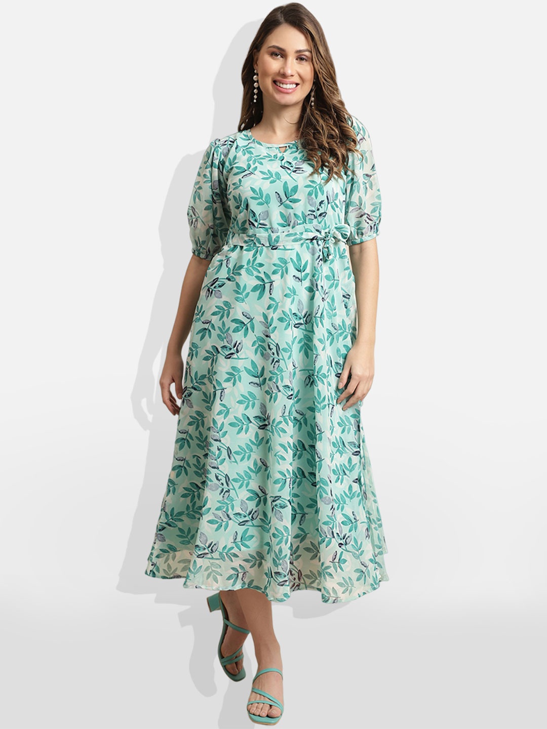 

BAESD Floral Printed Keyhole Neck Puff Sleeves Georgette Fit & Flare Midi Dress With Belt, Blue
