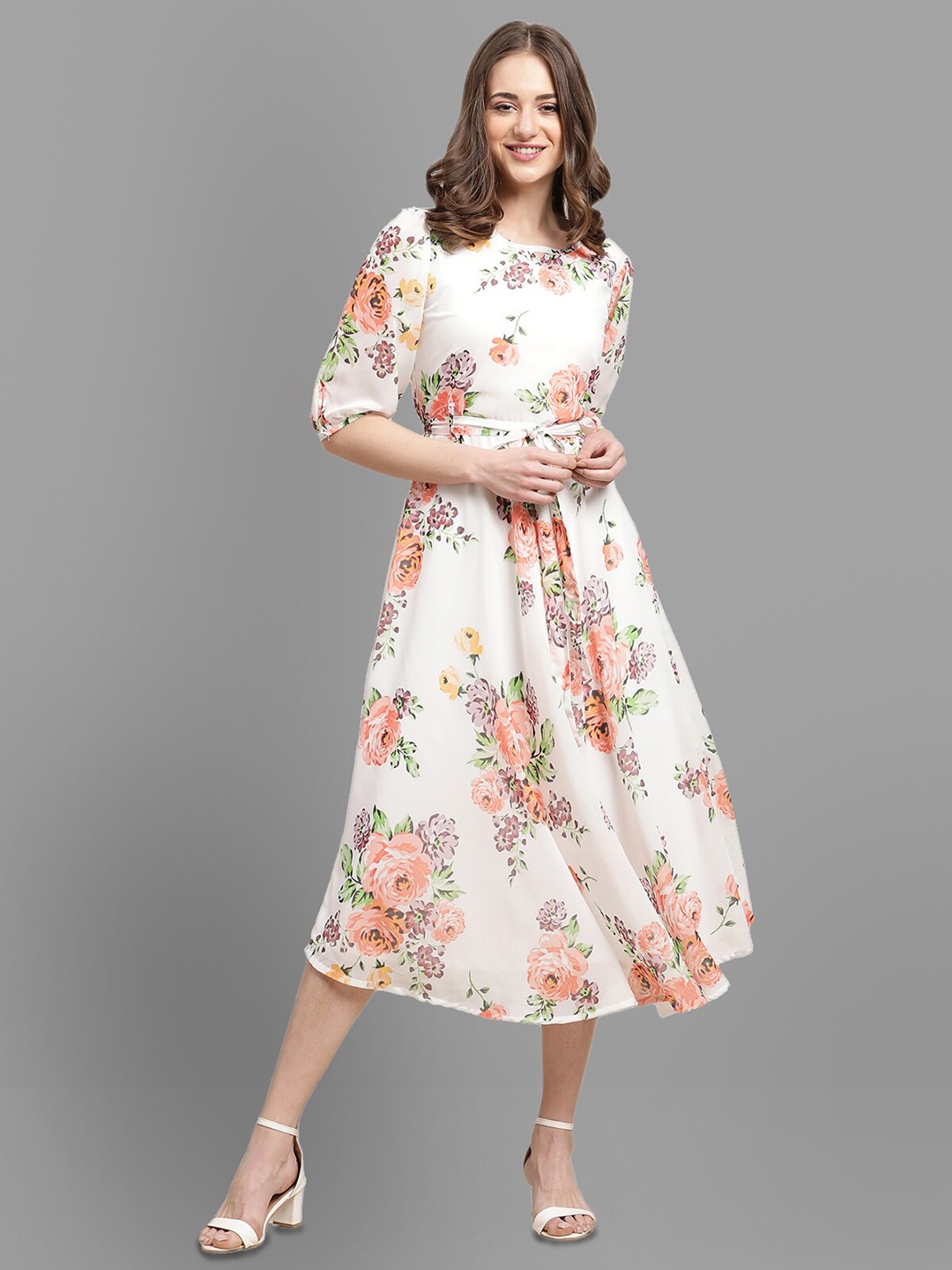 

BAESD Floral Printed Puff Sleeves Tie-Ups Fit & Flare Midi Dress, Cream