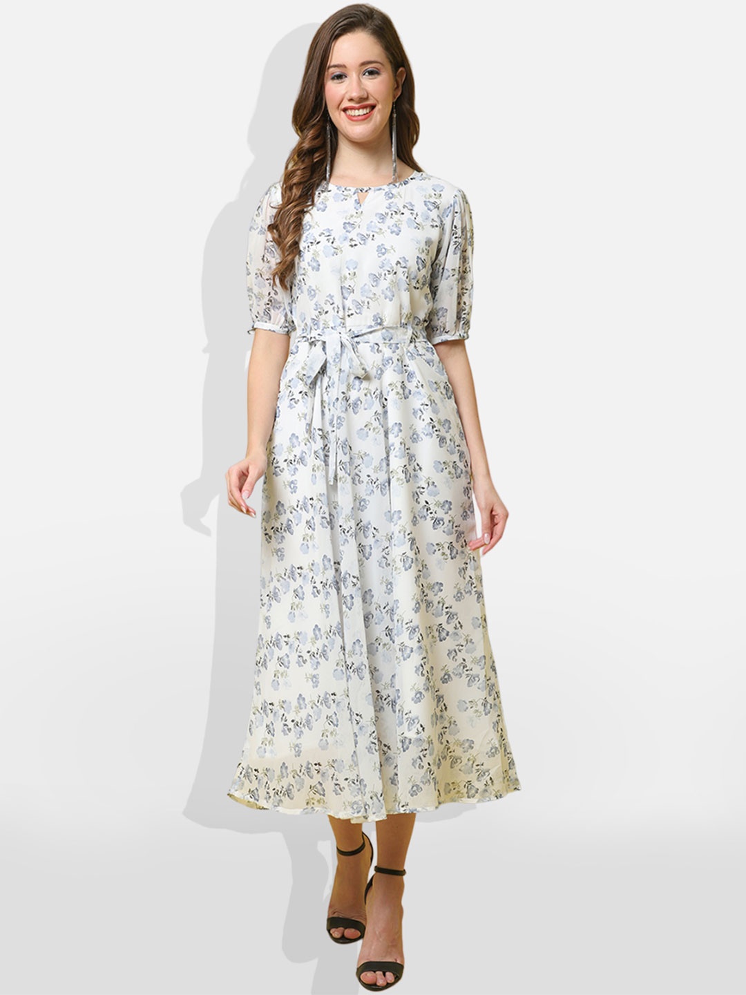 BAESD Floral Printed Keyhole Neck Puff Sleeves Georgette Fit & Flare Midi Dress With Belt, White