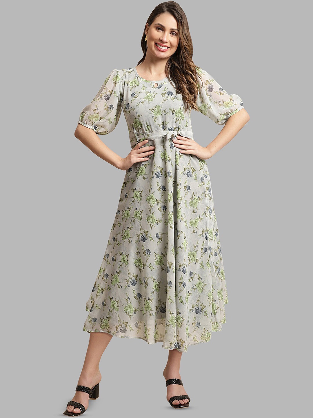 

BAESD Keyhole Neck Floral Printed Puff Sleeve A-Line Midi Dress With A Belt, Grey