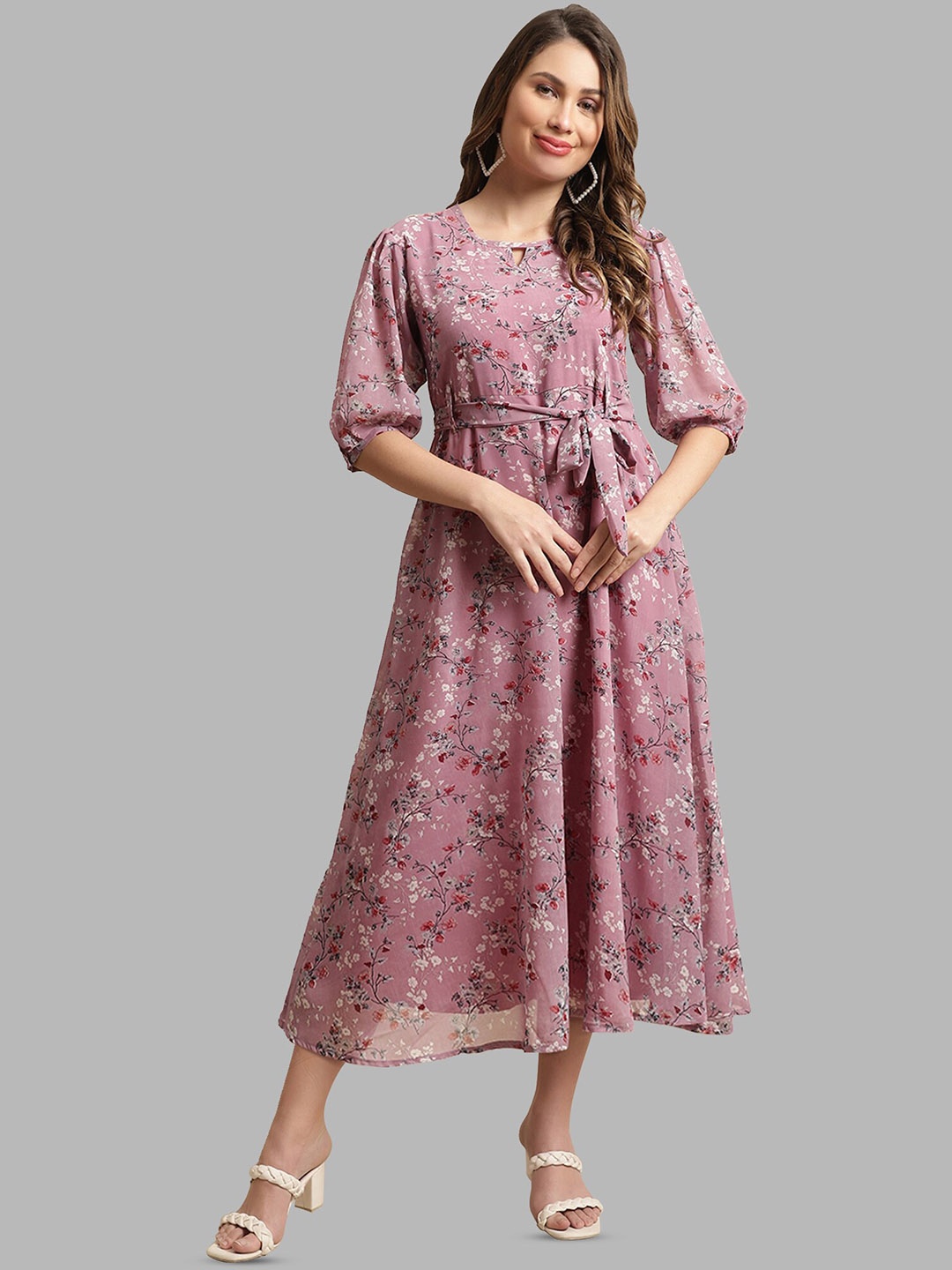 

BAESD Floral Printed Keyhole Neck Puff Sleeves A-Line Midi Dress, Peach
