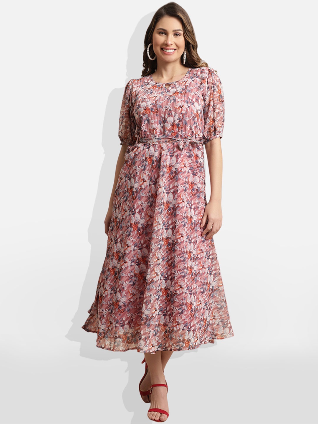 

BAESD Floral Printed Puff Sleeves Belted Georgette A-Line Midi Dress, Pink