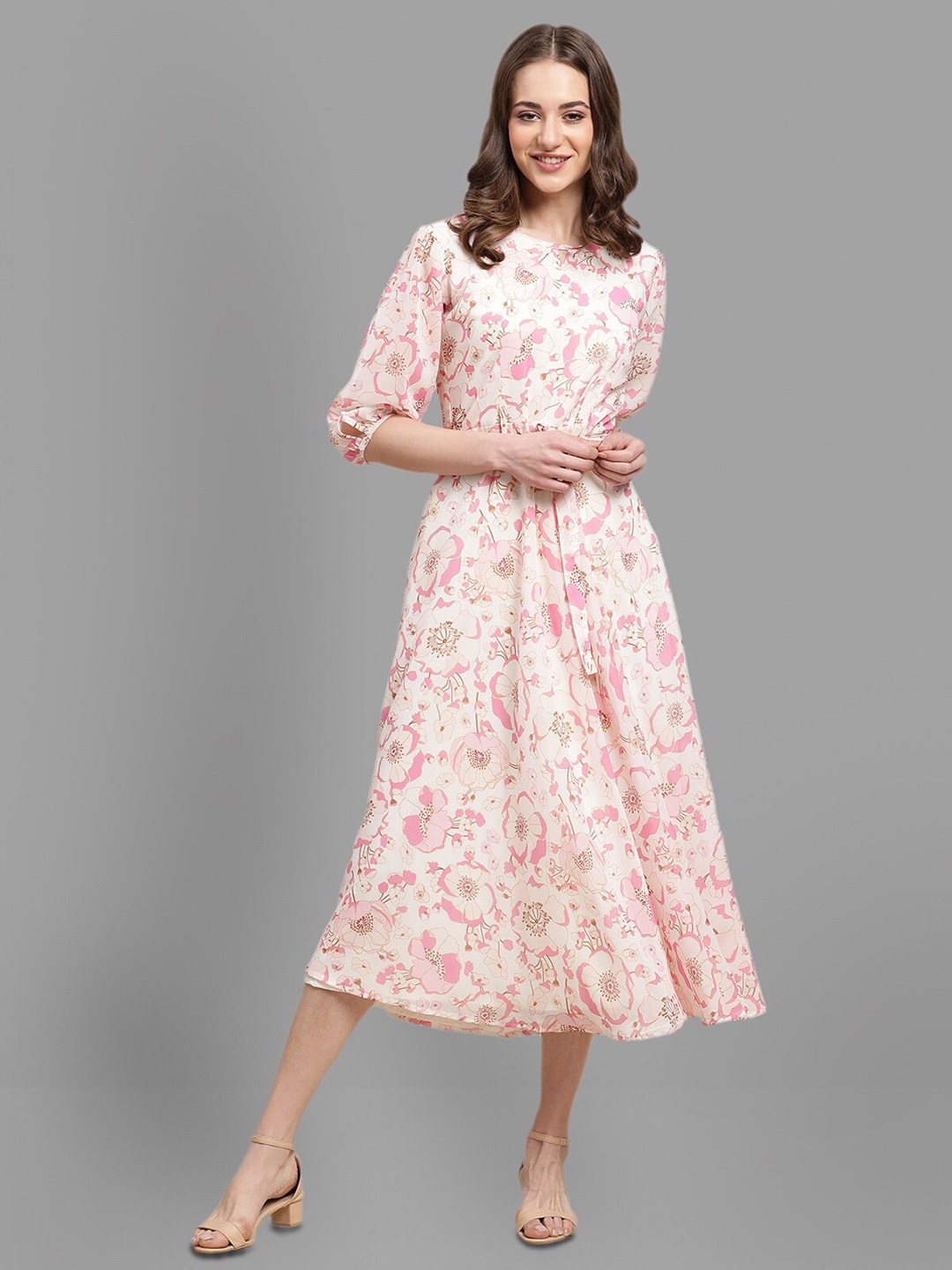 

BAESD Floral Printed Puff Sleeves Georgette Fit & Flare Midi Dress, White