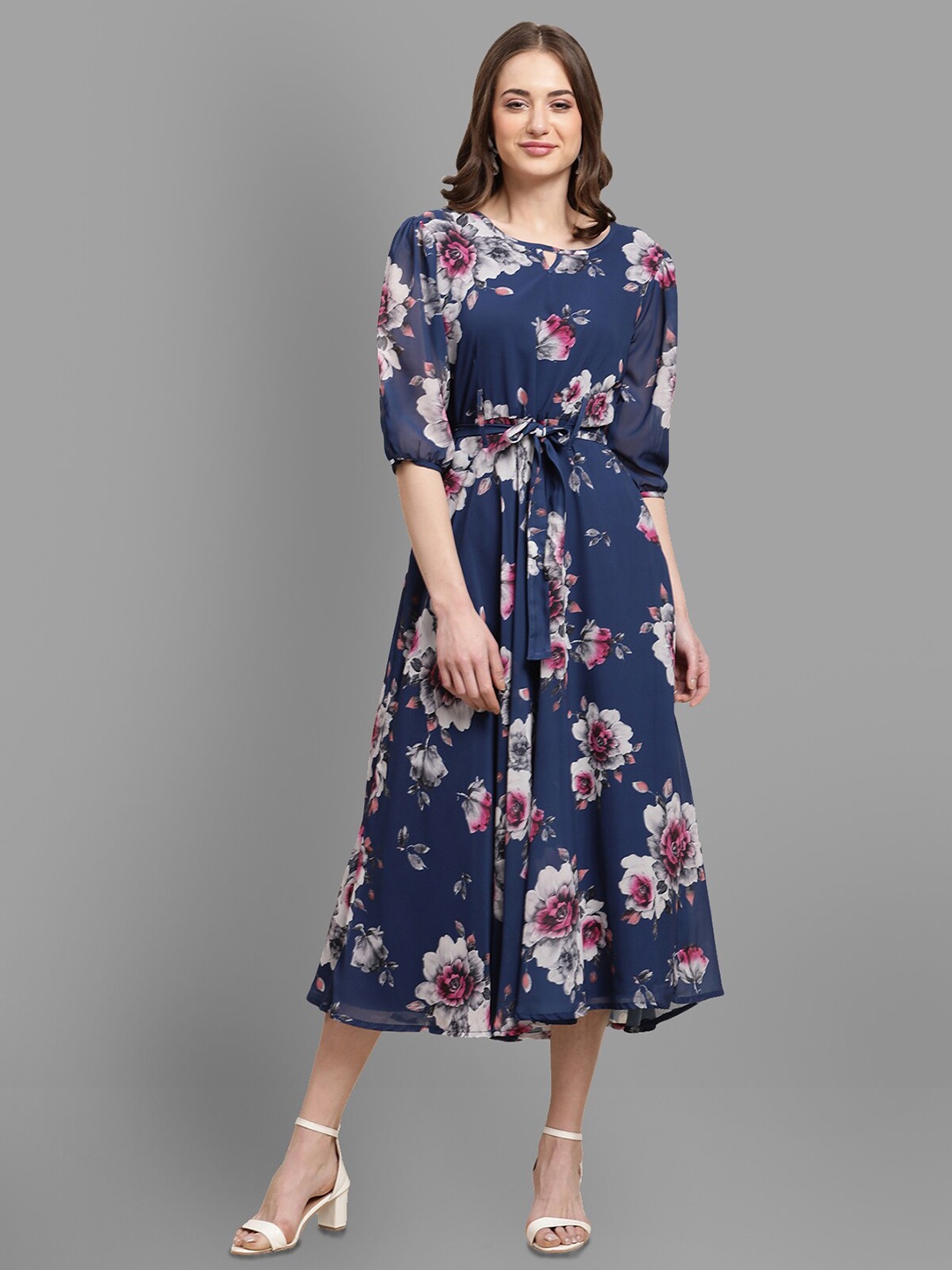 BAESD Floral Printed Georgette Fit & Flare Midi Dress, Blue