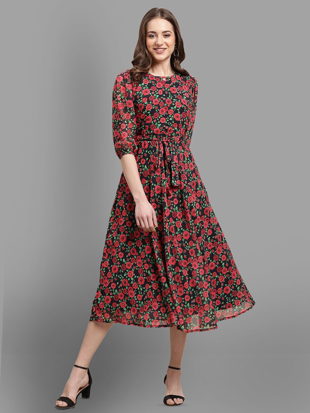 BAESD Floral Print Round Neck Puff Sleeve Fit & Flare Midi Dress, Black