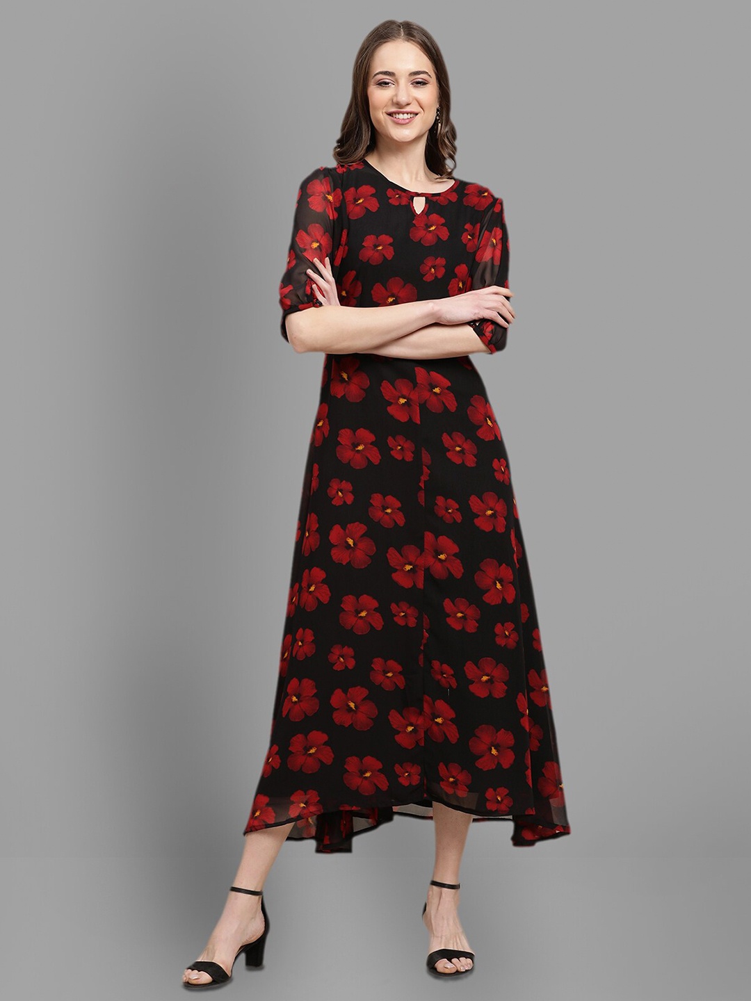 

BAESD Floral Printed Puff Sleeve Georgette A-Line Midi Dress, Black