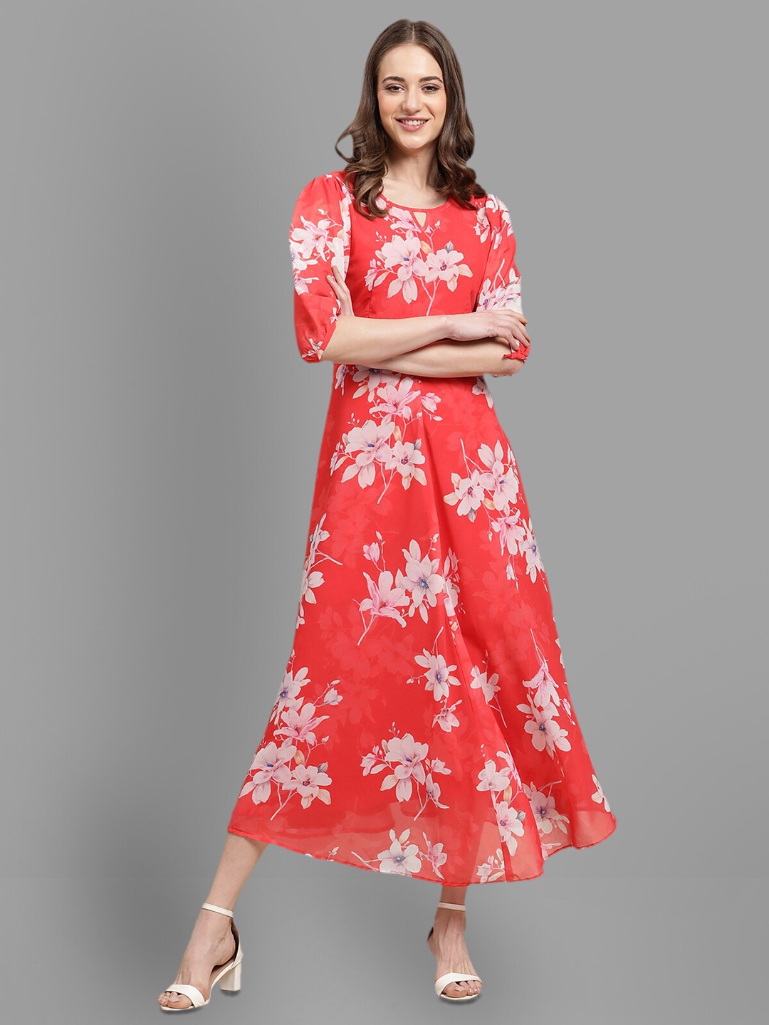 

BAESD Keyhole Neck Floral Printed Puff Sleeve A-Line Midi Dress With A Belt, Red