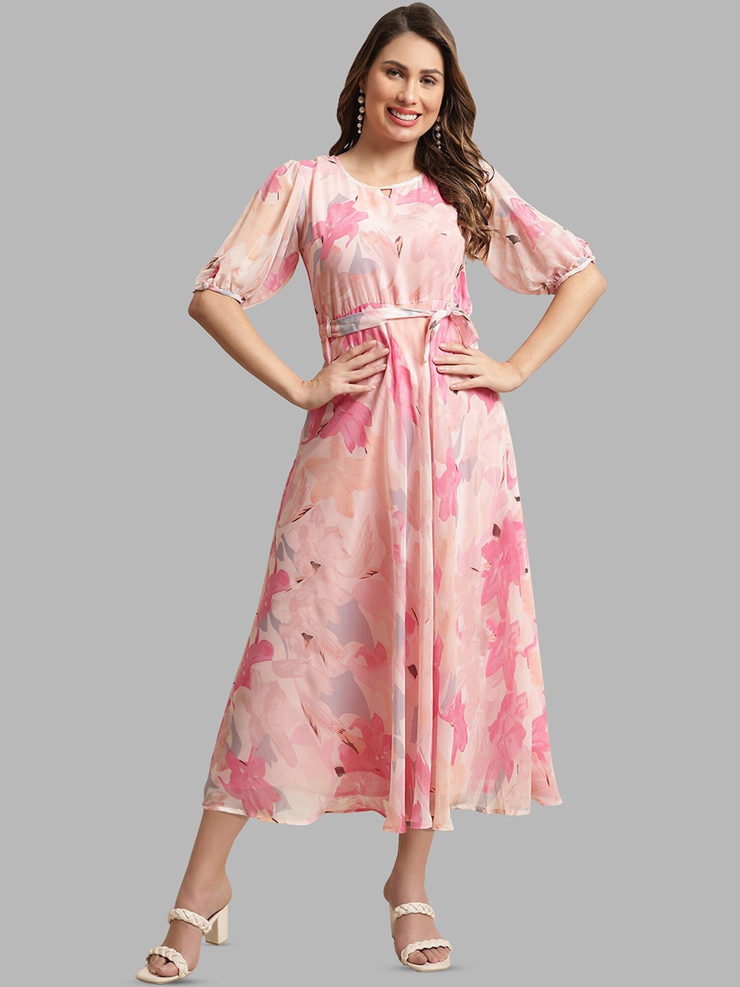 

BAESD Keyhole Neck Floral Printed Puff Sleeve A-Line Midi Dress With A Belt, Pink