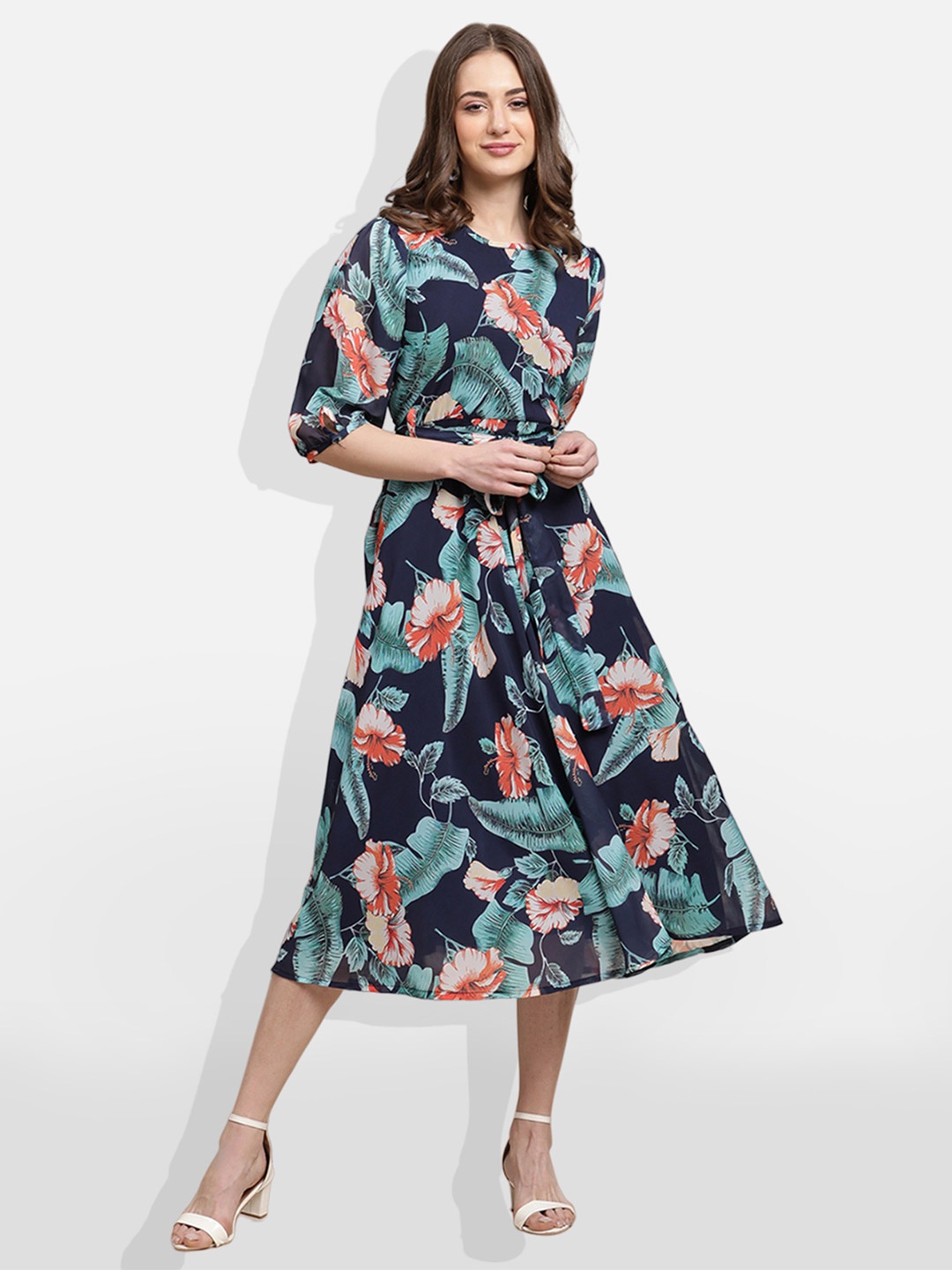 

BAESD Floral Printed Puff Sleeves Belted Georgette Fit & Flare Midi Dress, Navy blue