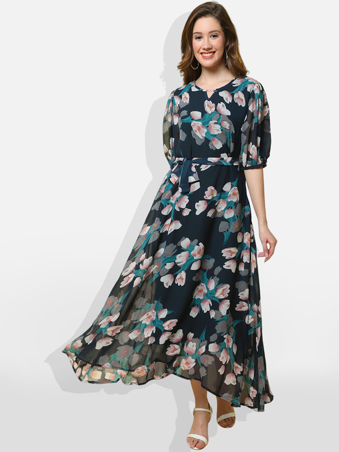 

BAESD Floral Printed Puff Sleeves Belted Georgette Fit & Flare Midi Dress, Navy blue