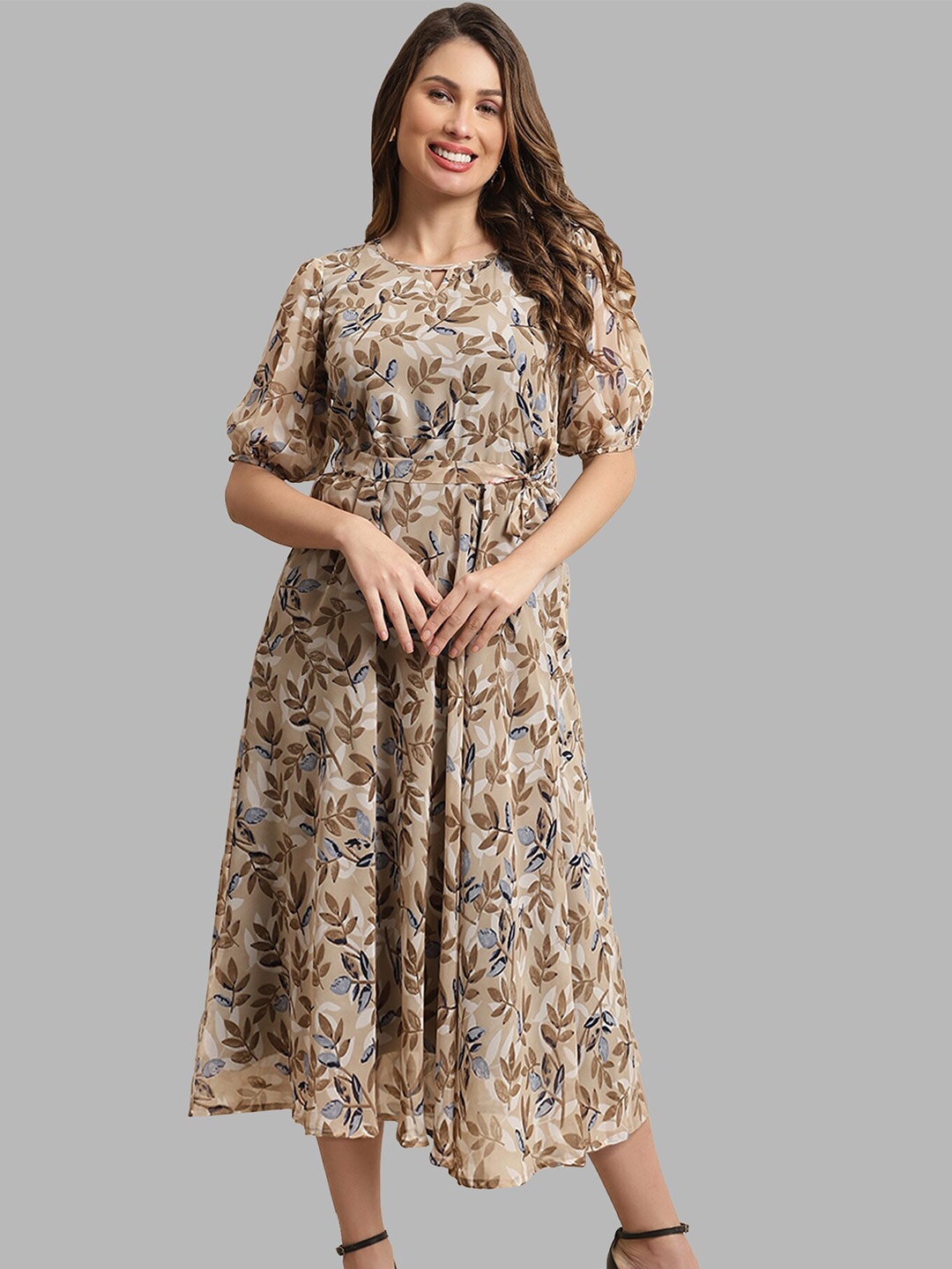 

BAESD Floral Printed Puff Sleeves Midi Dress, Brown