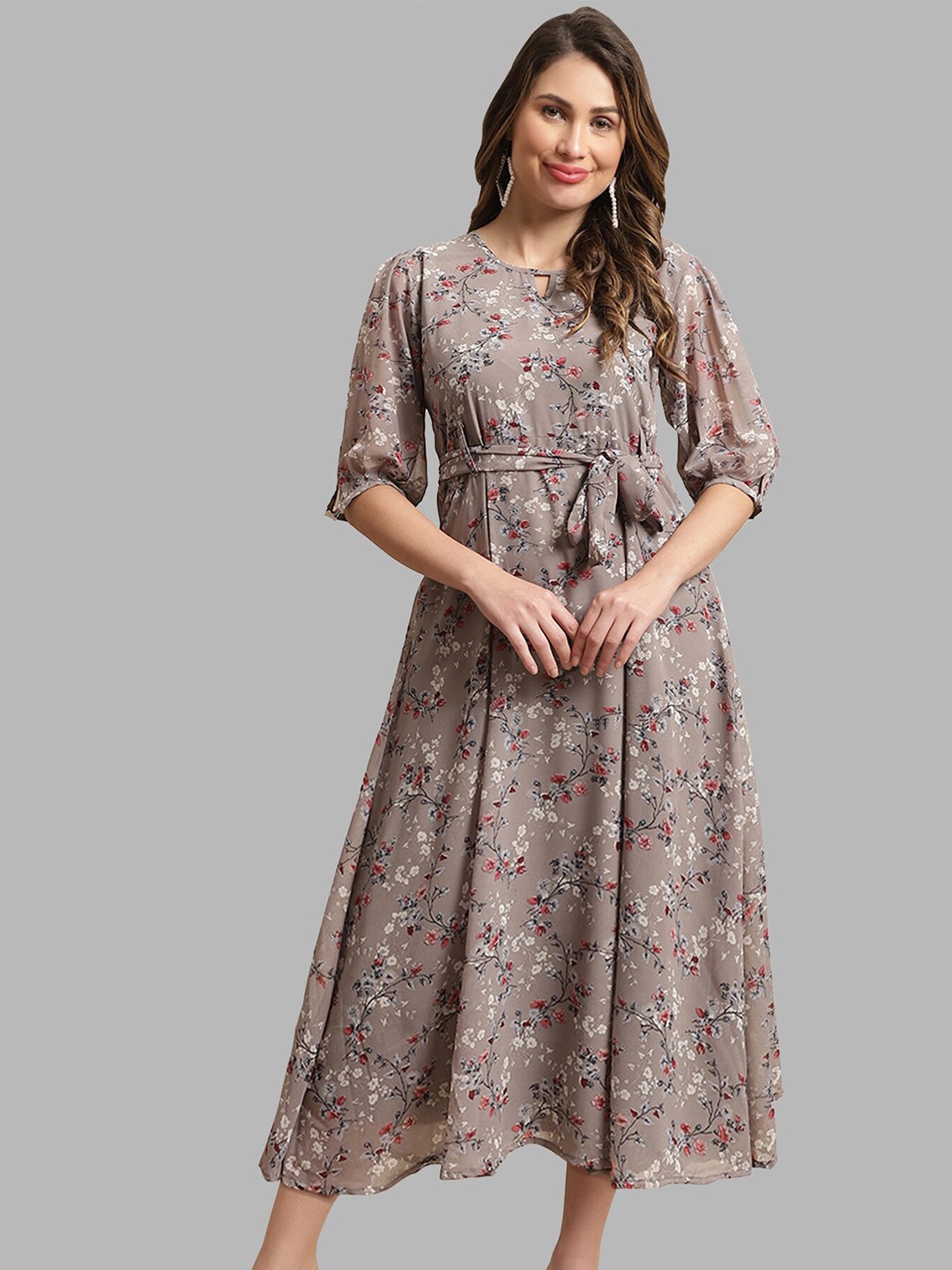 

BAESD Floral Printed Keyhole Neck Puff Sleeves Tie-Ups Georgette A-Line Midi Dress, Grey