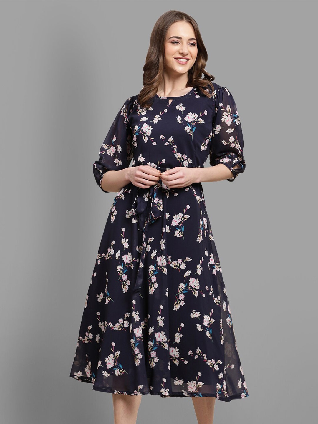

BAESD Floral Printed Georgette Fit & Flare Midi Dress, Navy blue