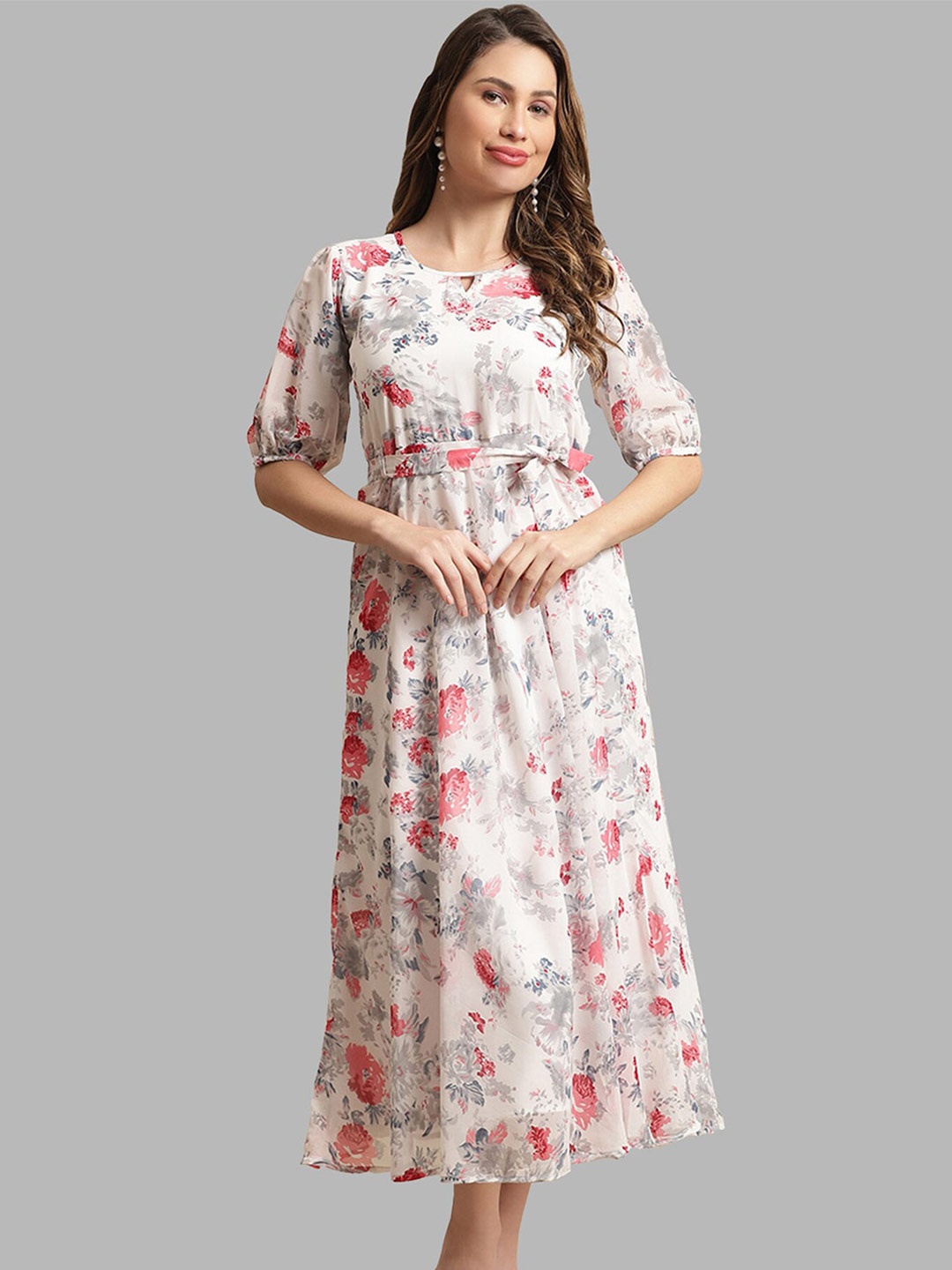 BAESD Floral Print Georgette A-Line Midi Dress, White