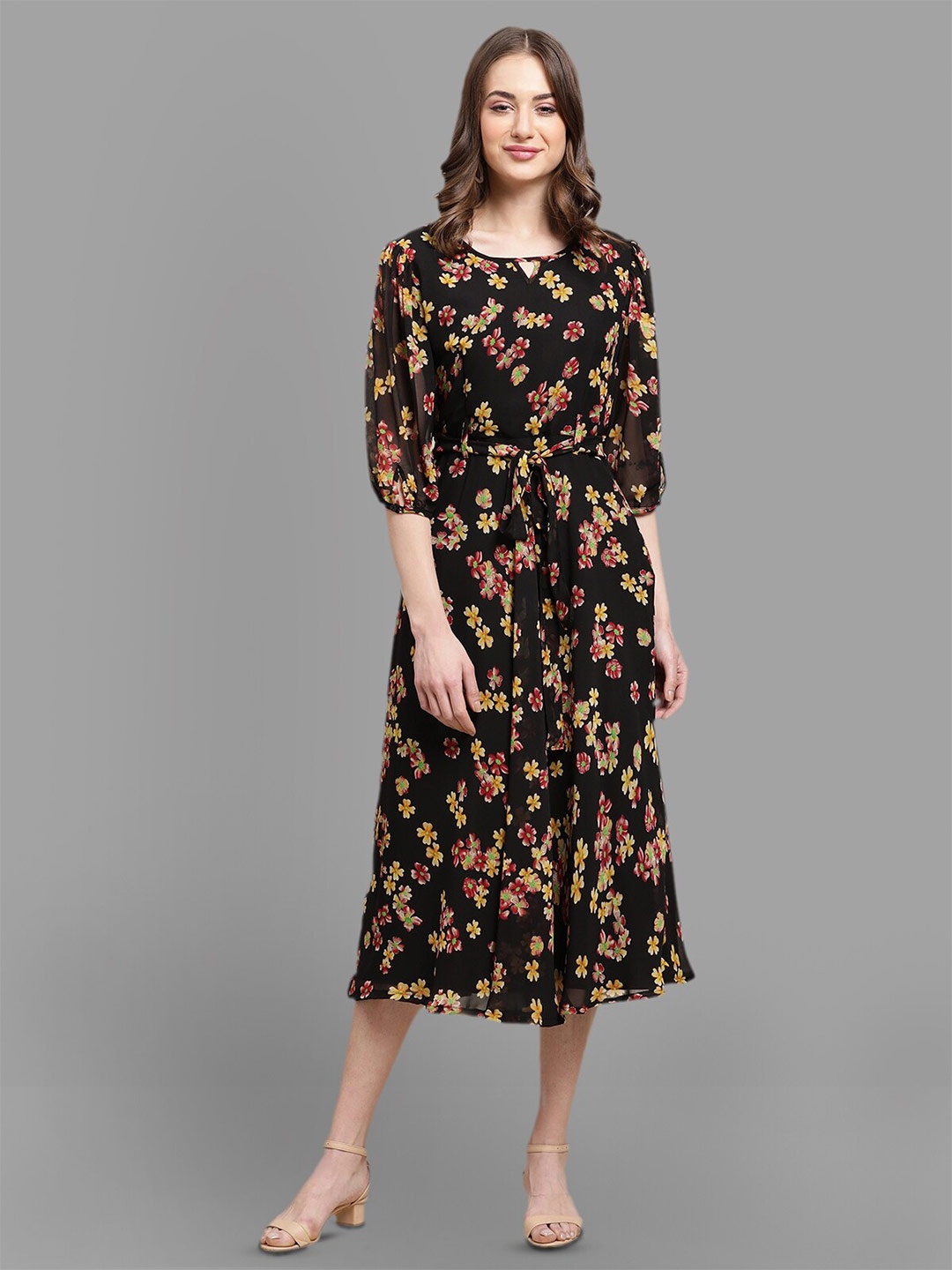 BAESD Floral Printed Puff Sleeve Georgette A-Line Midi Dress, Black