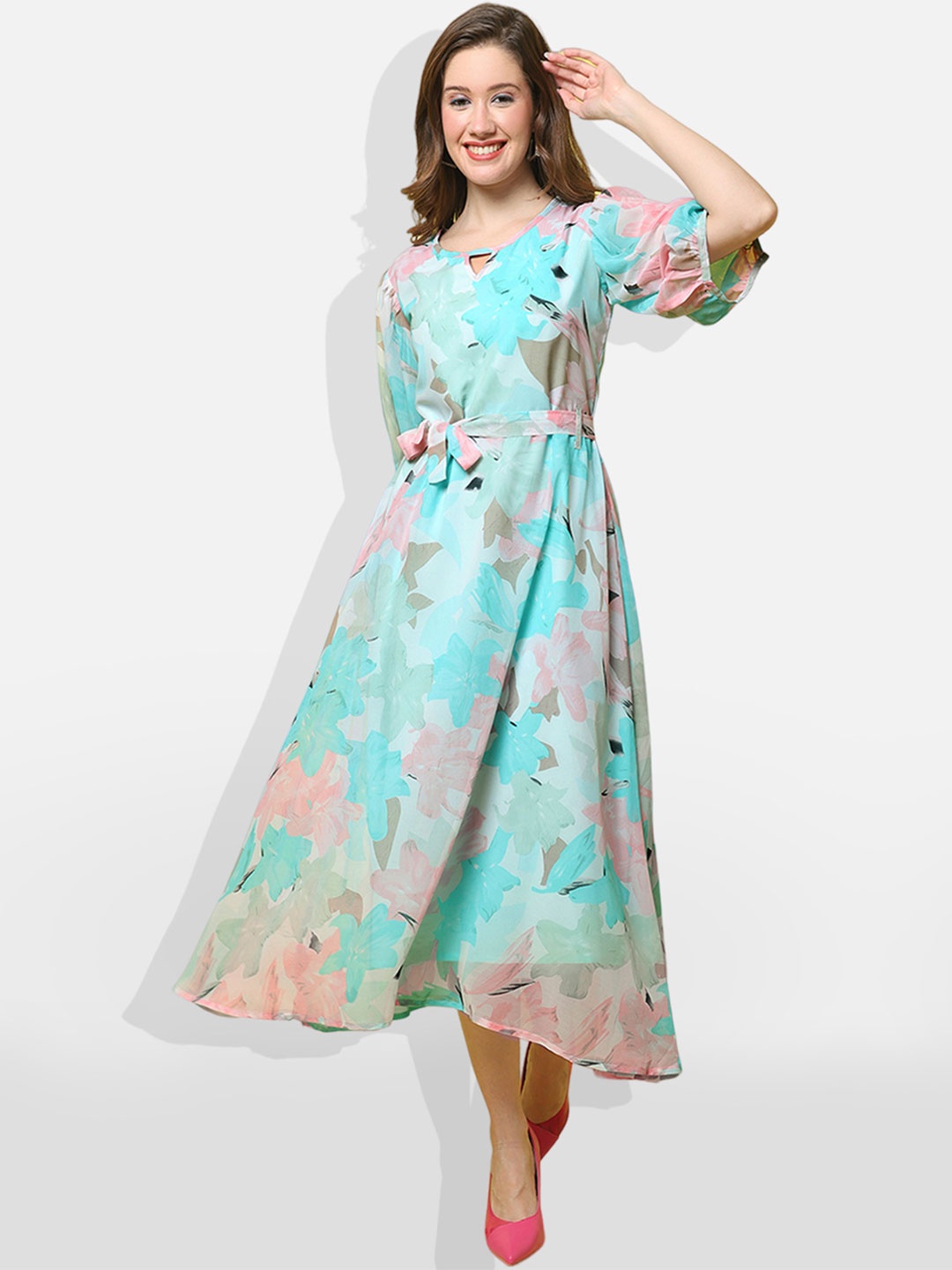 

BAESD Floral Printed Puff Sleeves Belted Georgette Fit & Flare Midi Dress, Blue