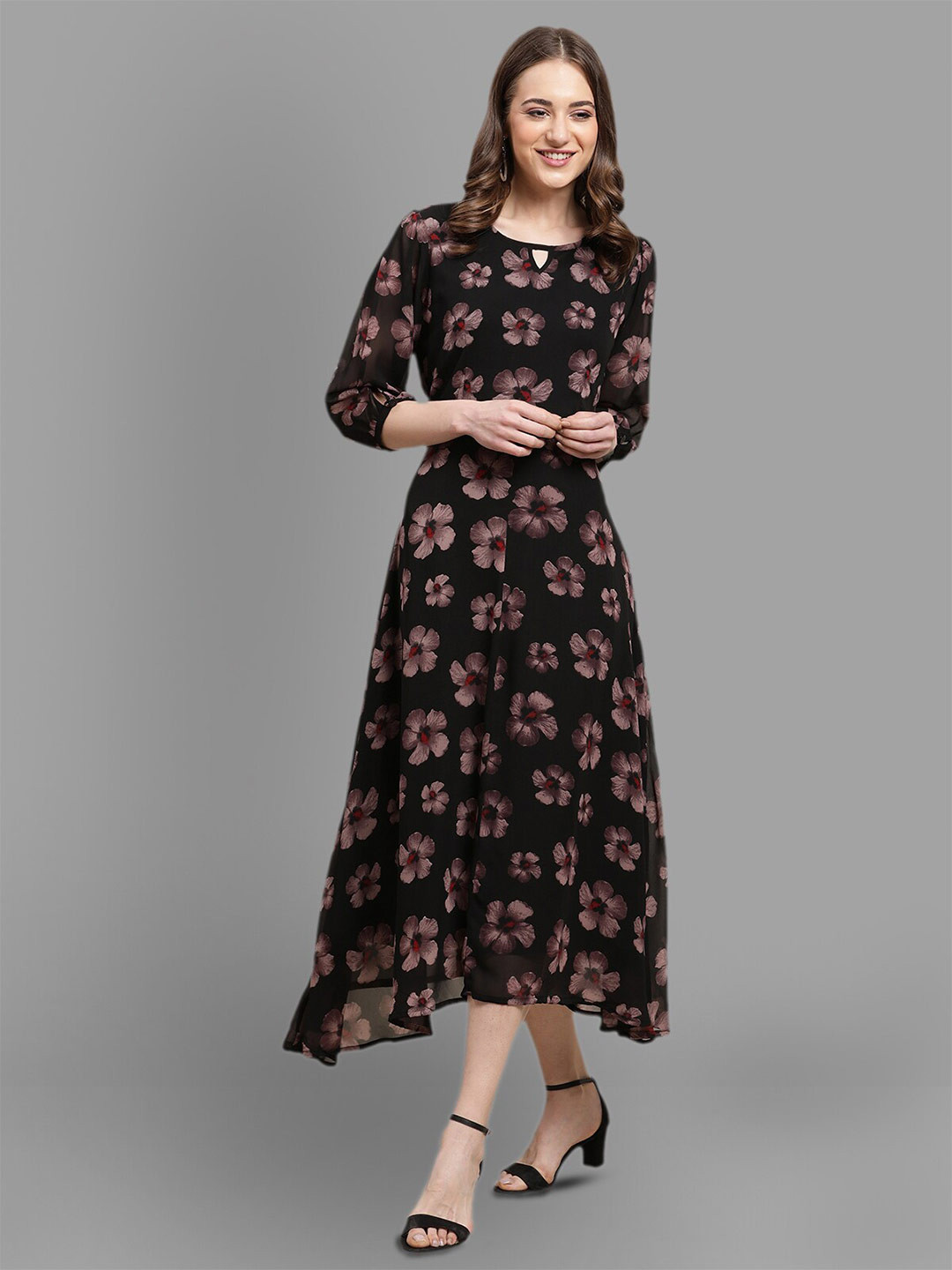 

BAESD Black Floral Print Round Neck Puff Sleeve Fit & flare Midi Dress