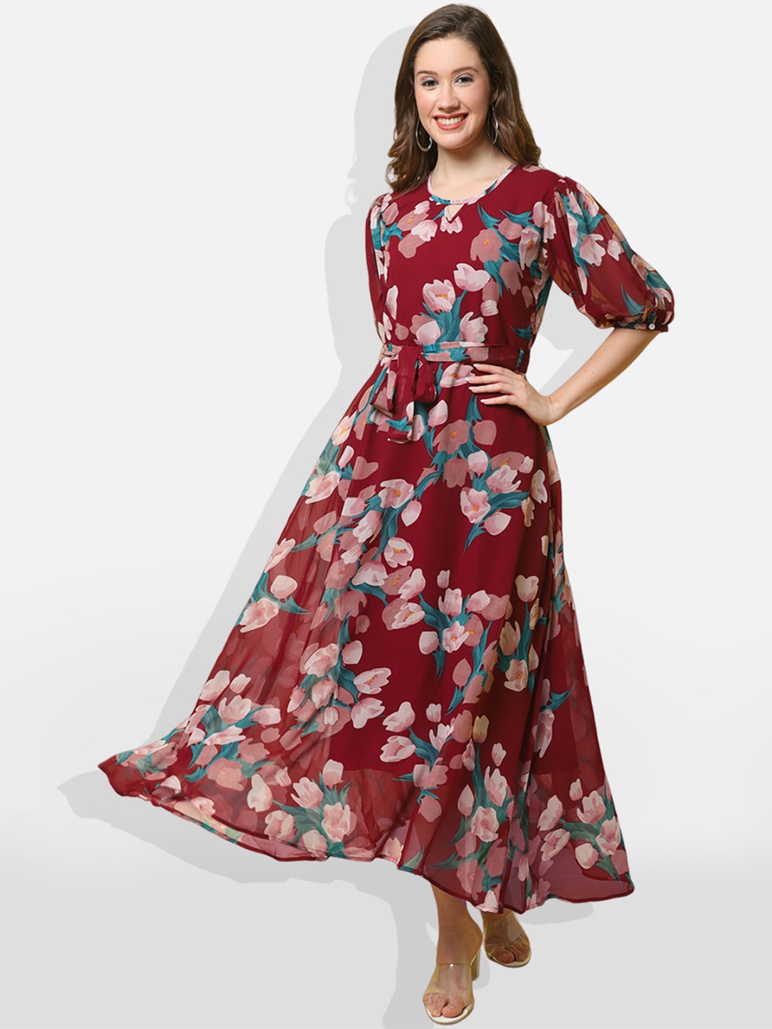 

BAESD Floral Printed Puff Sleeves Belted Georgette Fit & Flare Midi Dress, Red