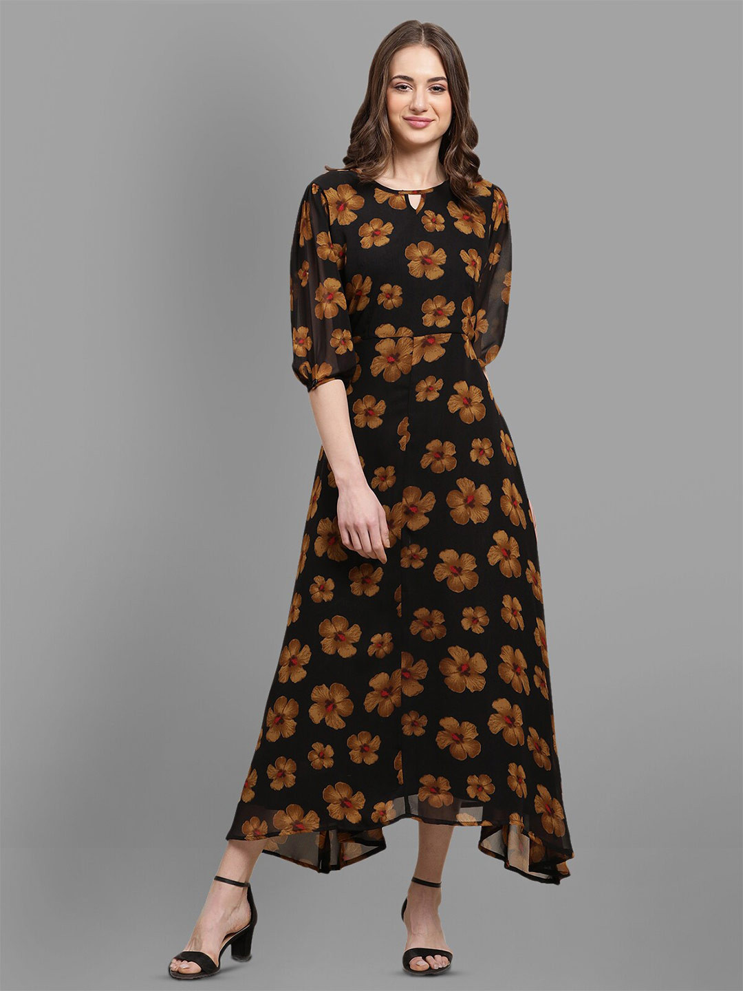 

BAESD Floral Printed Keyhole Neck Puff Sleeve Cut-Outs Georgette A-line Maxi Dress, Black