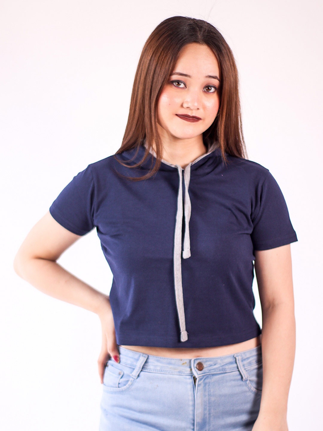 

Fasha Hooded Cotton Crop T-shirt, Navy blue