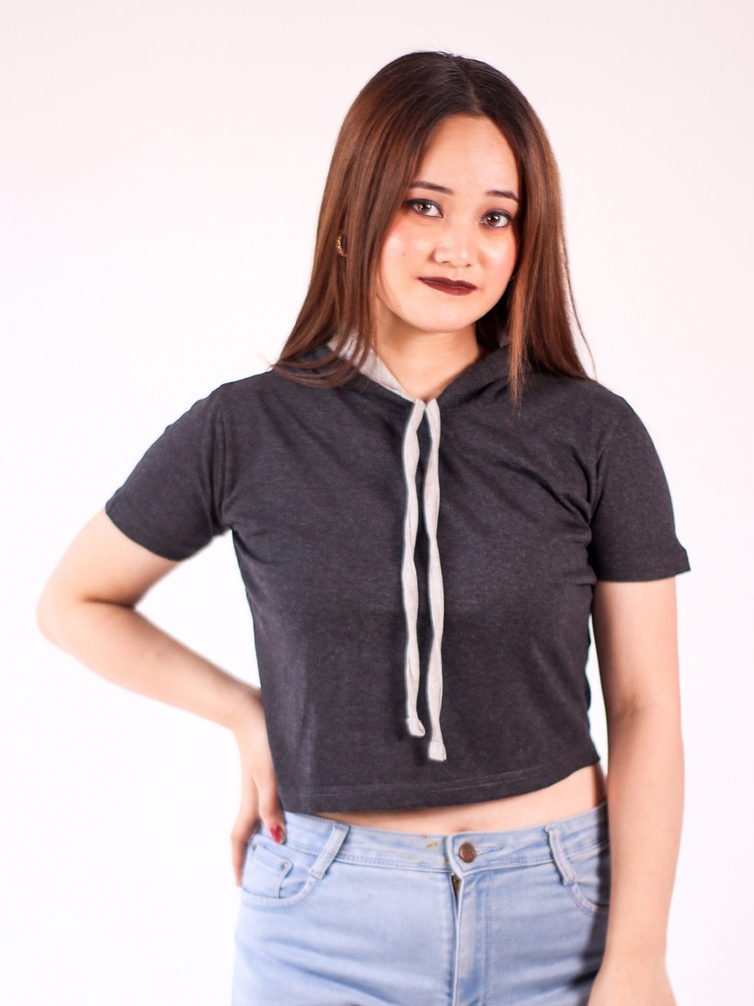 

Fasha Hooded Cotton Crop T-shirt, Black