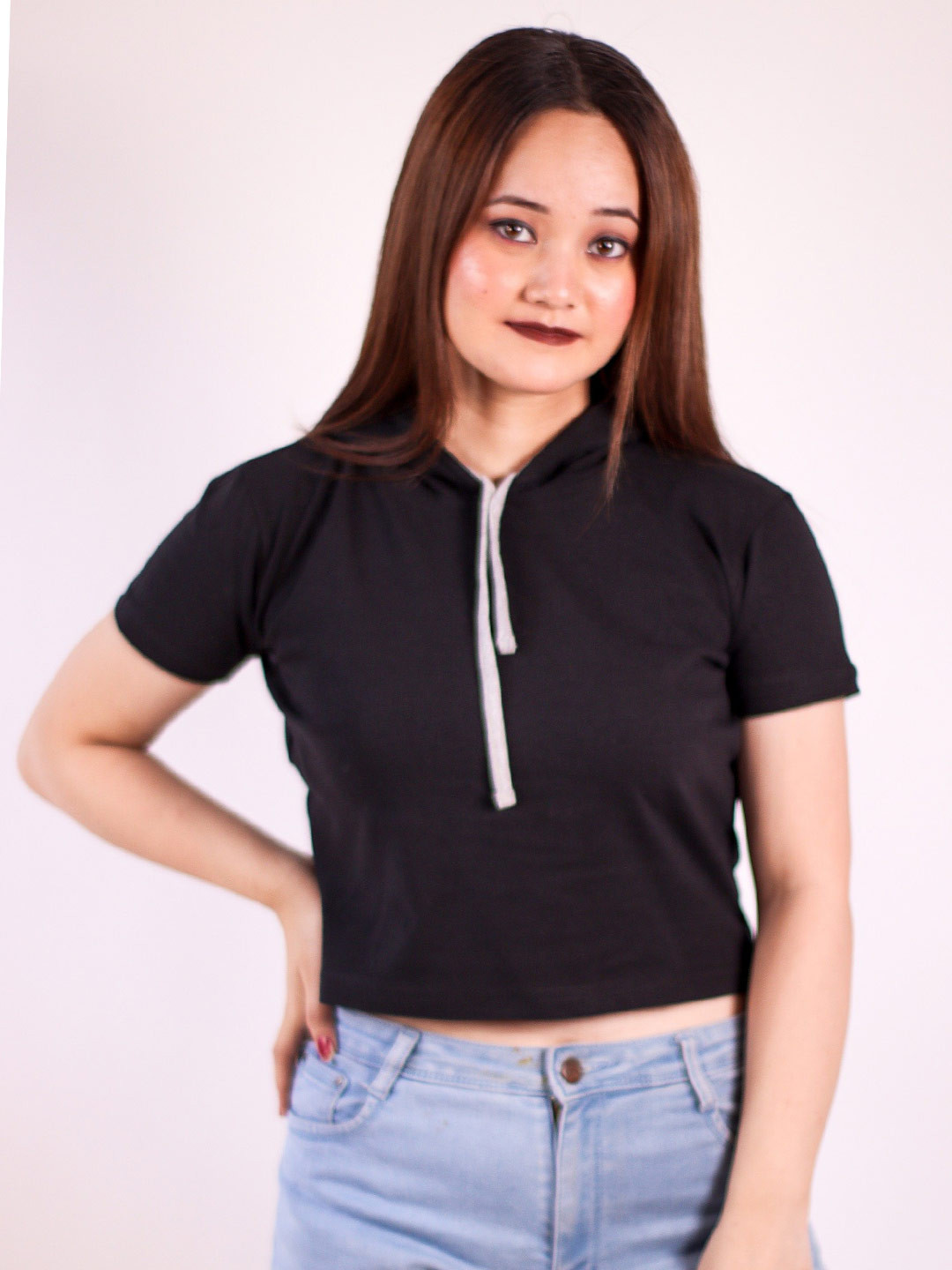 

Fasha Hooded Cotton Crop T-shirt, Black