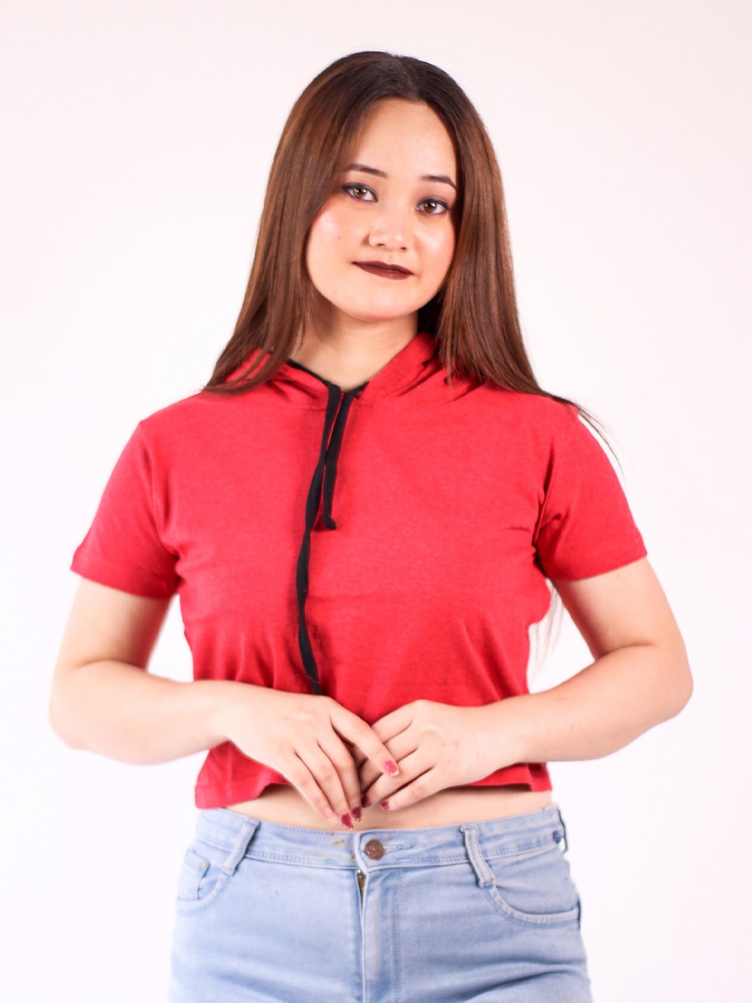 

Fasha Hooded Cotton Crop T-shirt, Red