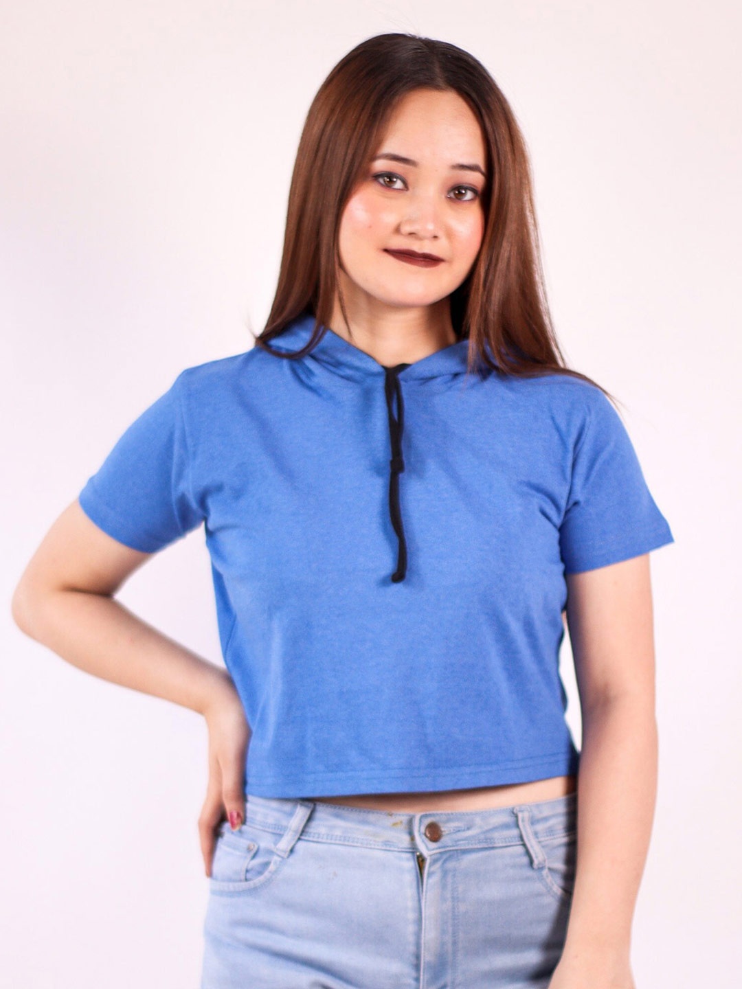 

Fasha Hooded Cotton Crop T-shirt, Blue