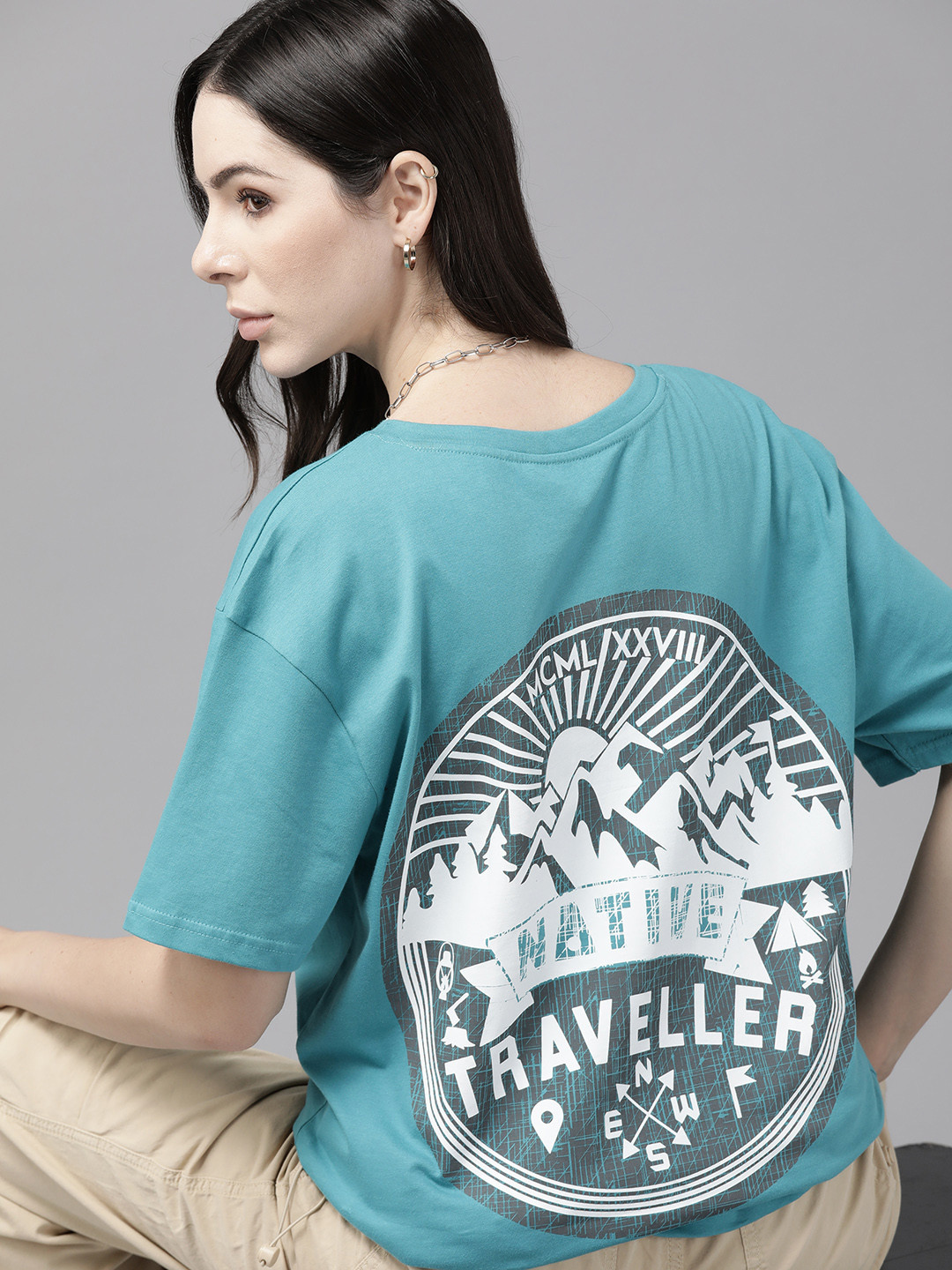 

Roadster Women Printed Drop-Shoulder Sleeves Pure Cotton T-shirt, Turquoise blue