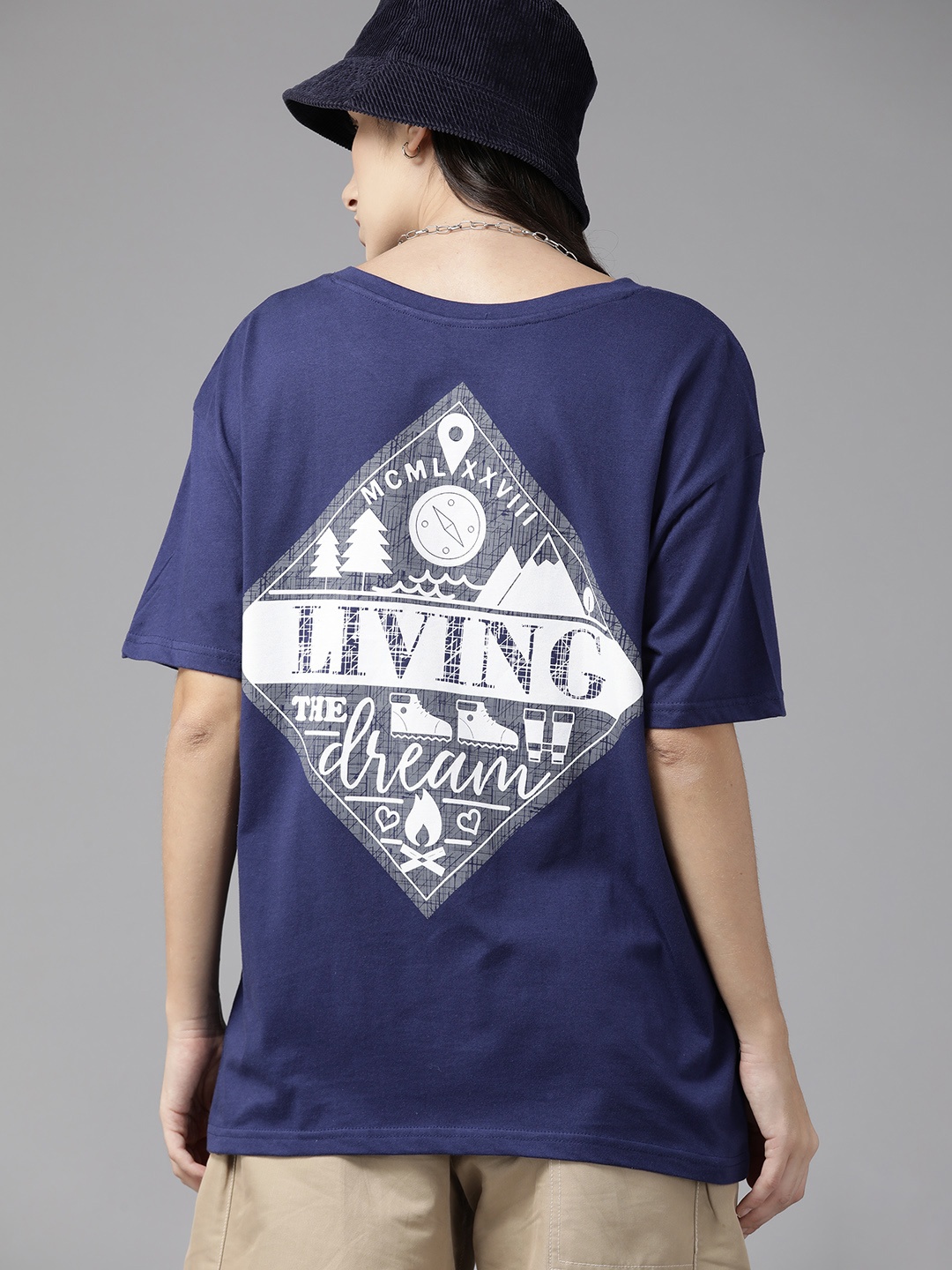 

Roadster Women Printed Drop-Shoulder Sleeves Pure Cotton T-shirt, Navy blue