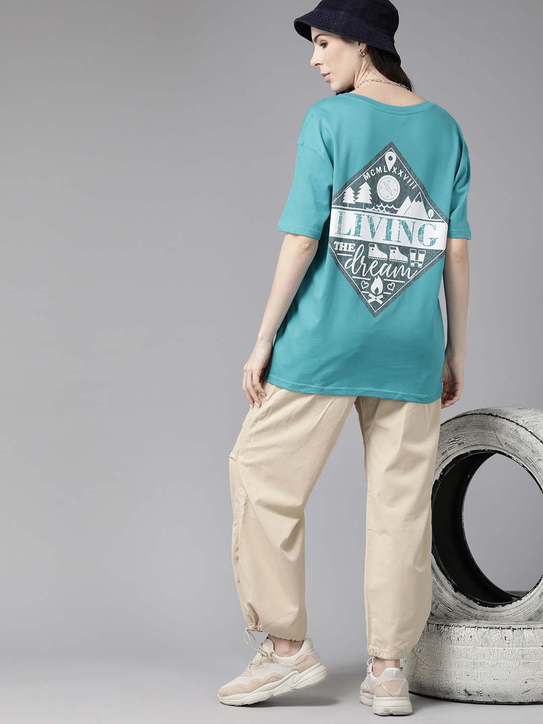 

Roadster Women Printed Drop-Shoulder Sleeves Pure Cotton T-shirt, Turquoise blue