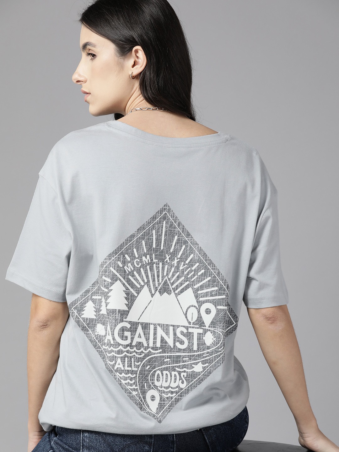 

Roadster Women Printed Drop-Shoulder Sleeves Pure Cotton T-shirt, Grey