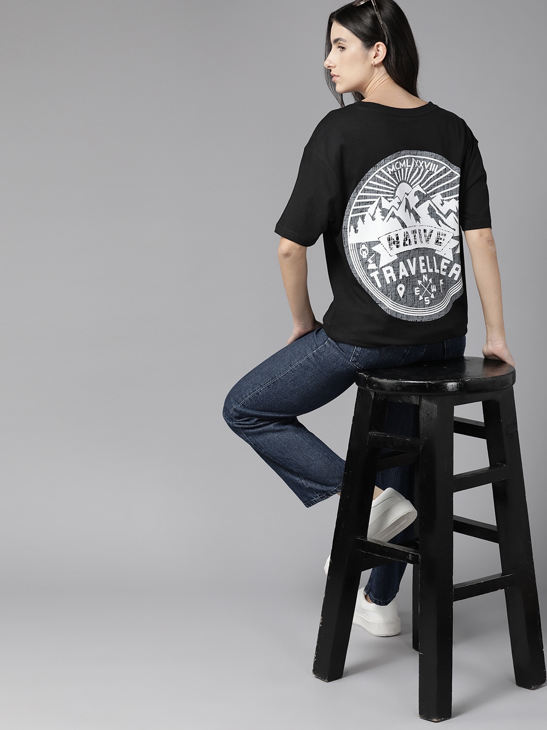 

Roadster Women Printed Drop-Shoulder Sleeves Pure Cotton T-shirt, Black