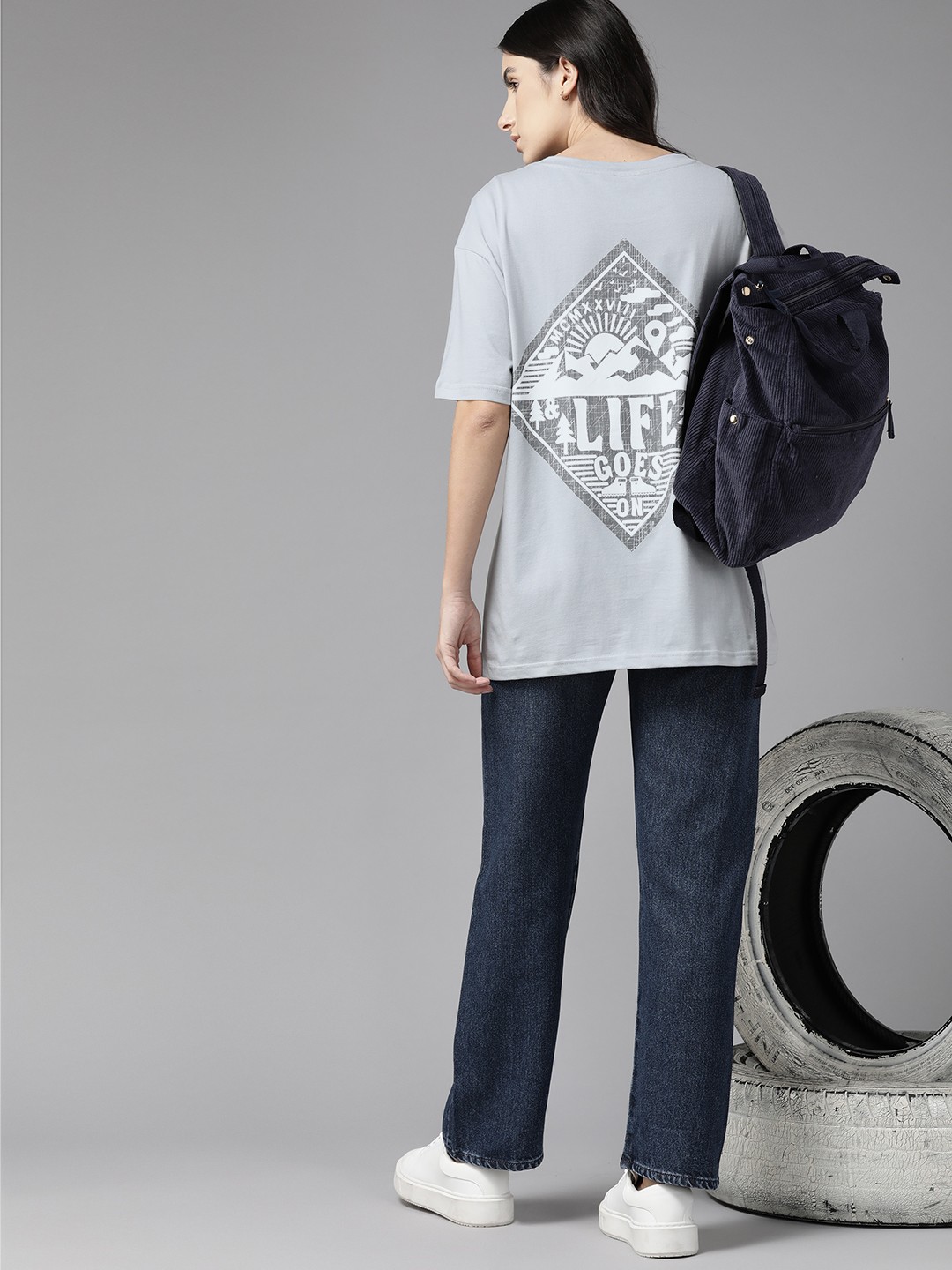 

Roadster Women Printed Drop-Shoulder Sleeves Pure Cotton T-shirt, Grey