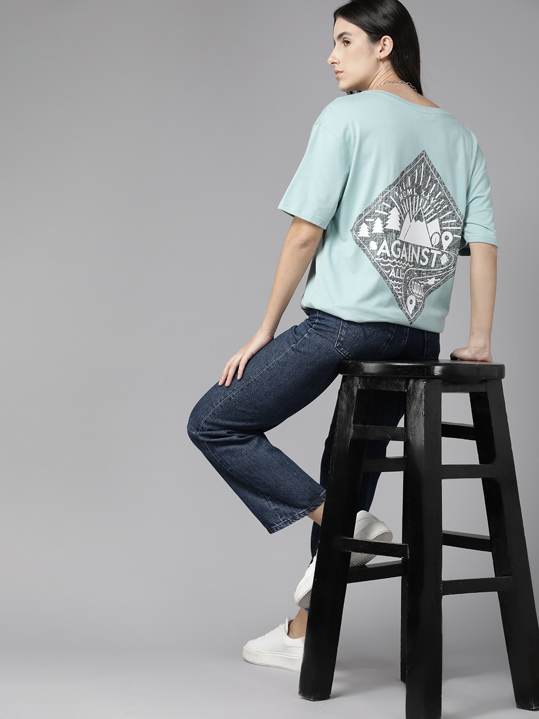 

Roadster Women Printed Drop-Shoulder Sleeves Pure Cotton T-shirt, Green